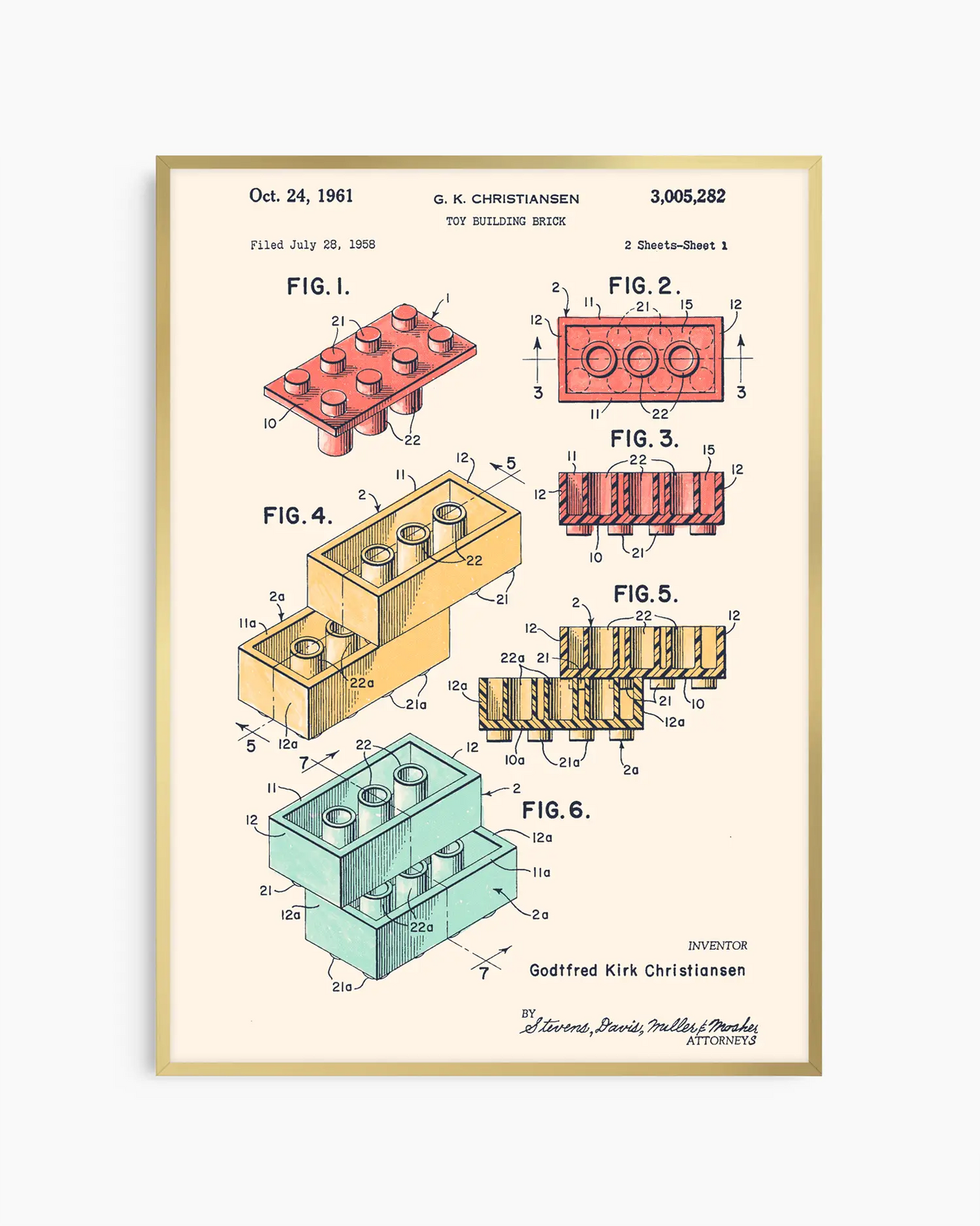 Framed poster of a toy building block patent illustration on a white background