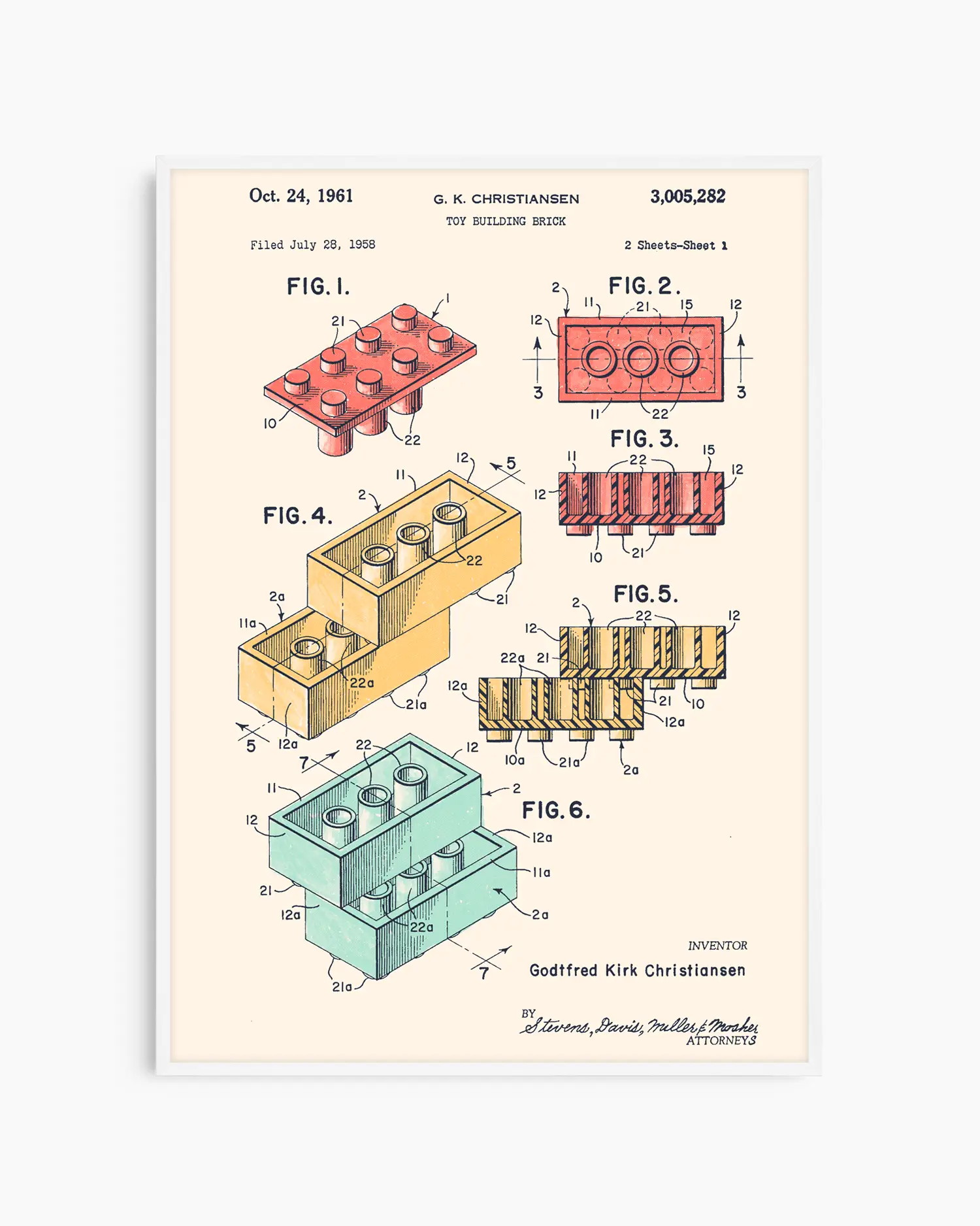 Framed poster of a toy building block patent illustration on a white background