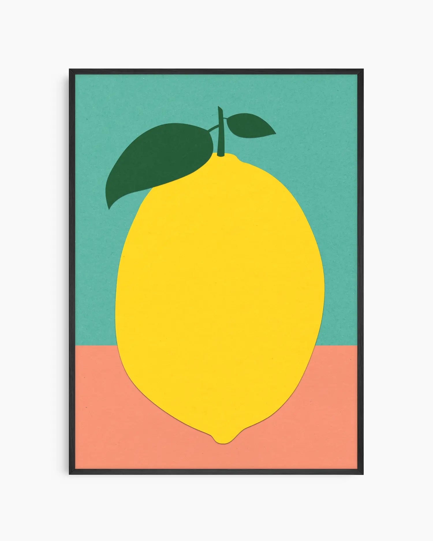 Framed artwork of a yellow lemon with green leaves on a teal and pink background