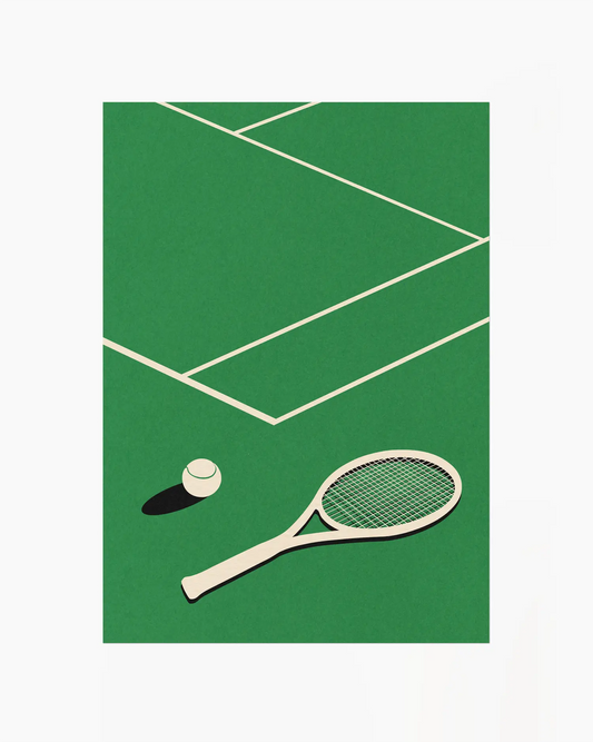 Tennis racket and ball on a green surface with white lines resembling a tennis court.