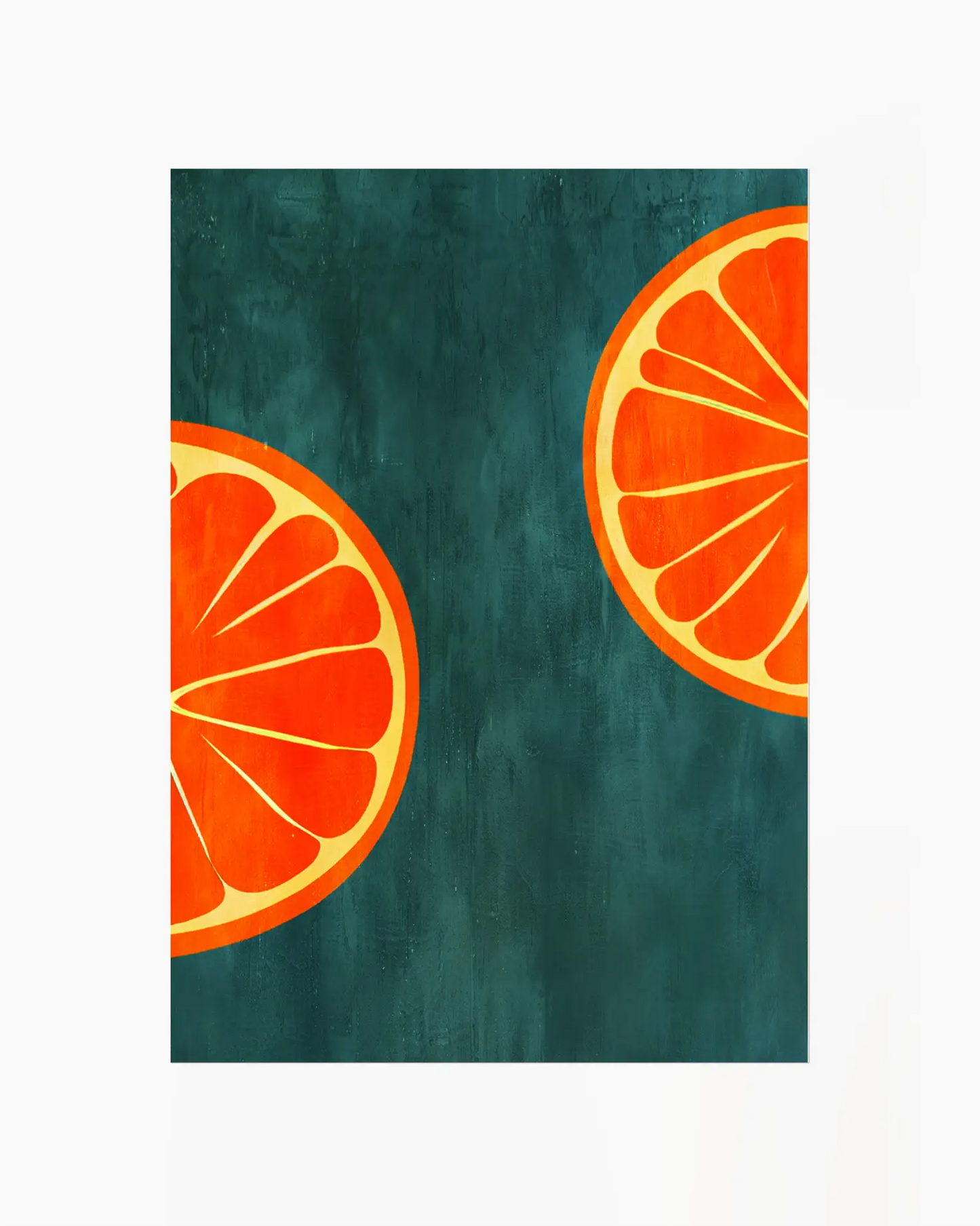 Two orange slices on a teal background