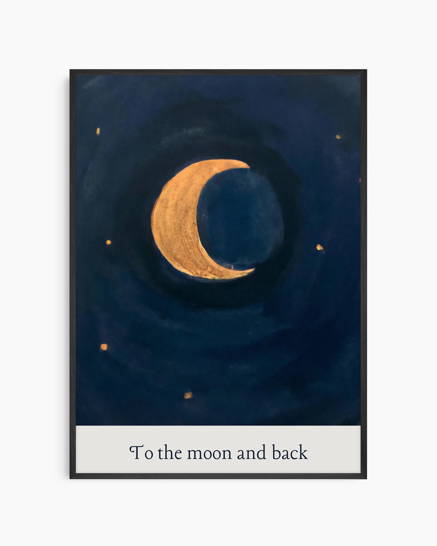Framed artwork of a crescent moon in a starry night sky with 'To the moon and back' text.