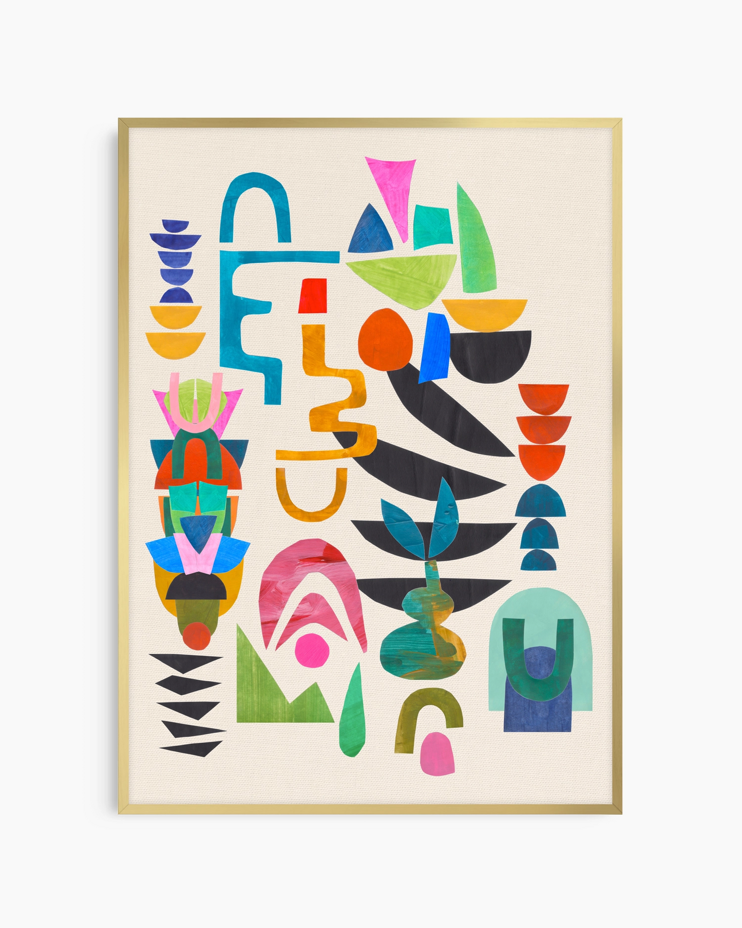 Colorful abstract art print in a gold frame on a white background