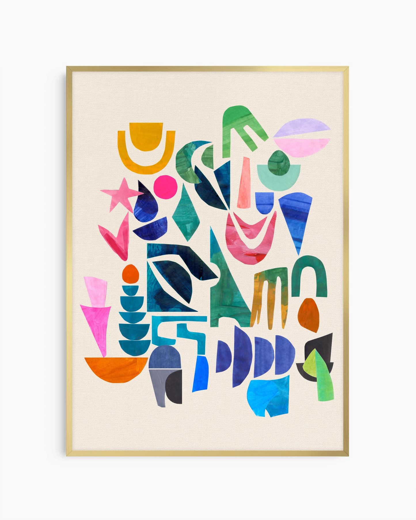 Framed abstract artwork with colorful geometric shapes on a beige background