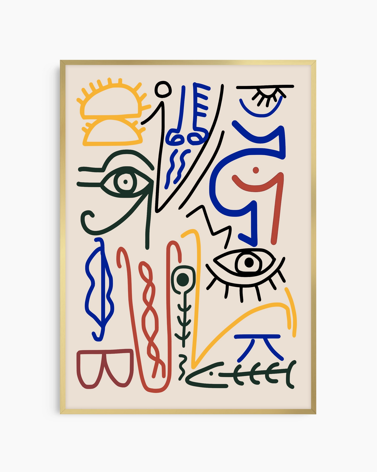 Abstract artwork with colorful lines and shapes on a beige background