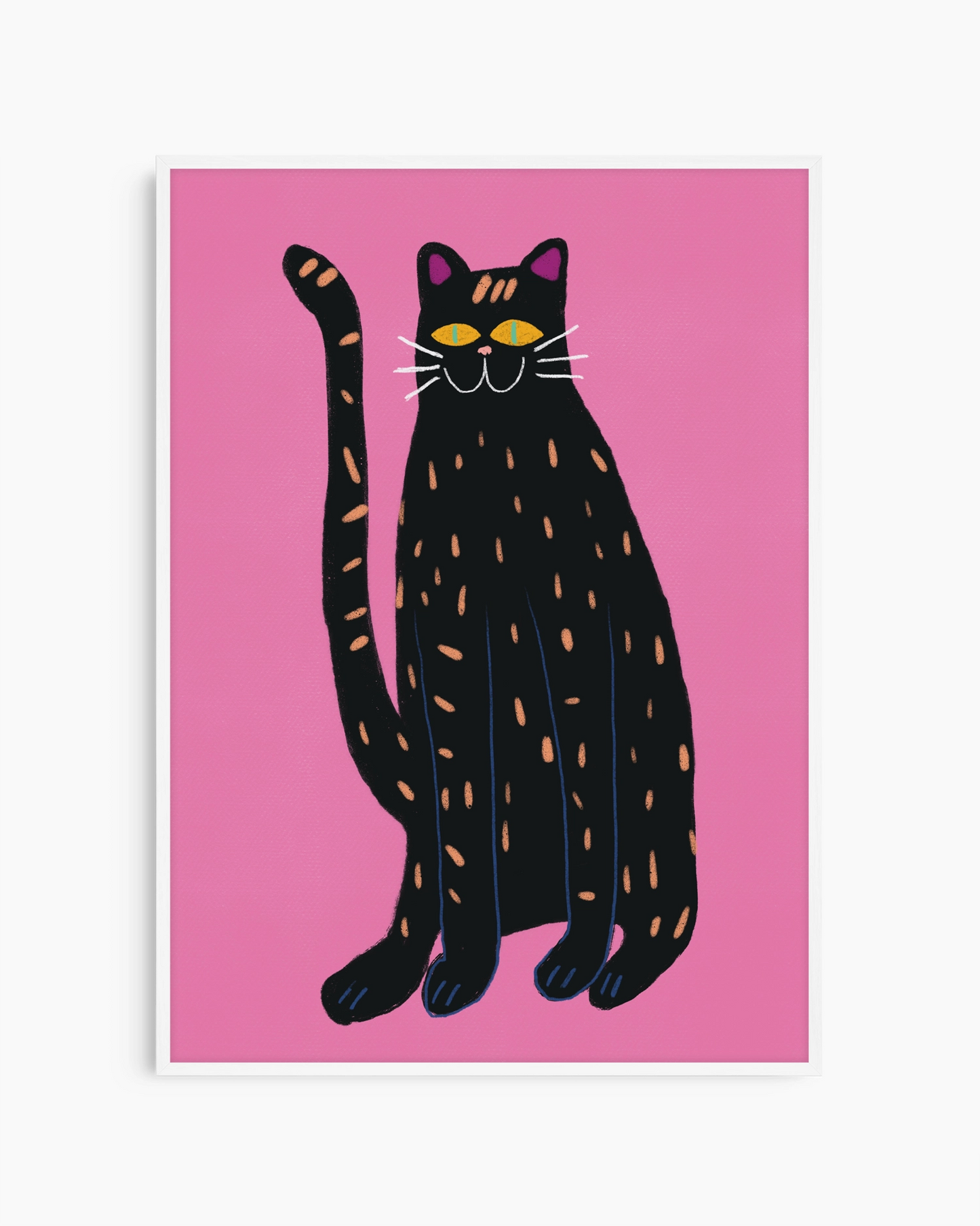 Illustration of a black cat with orange spots on a pink background