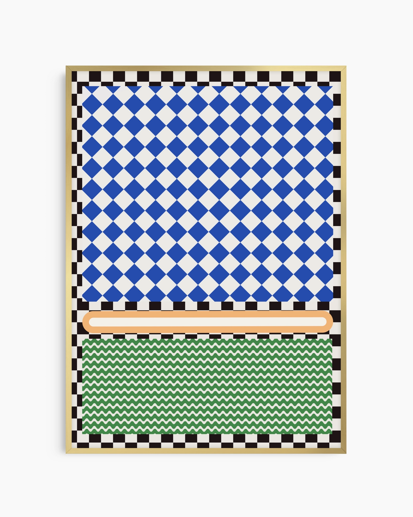 Decorative panel with blue and white checkered pattern, green zigzag pattern, and wooden frame.