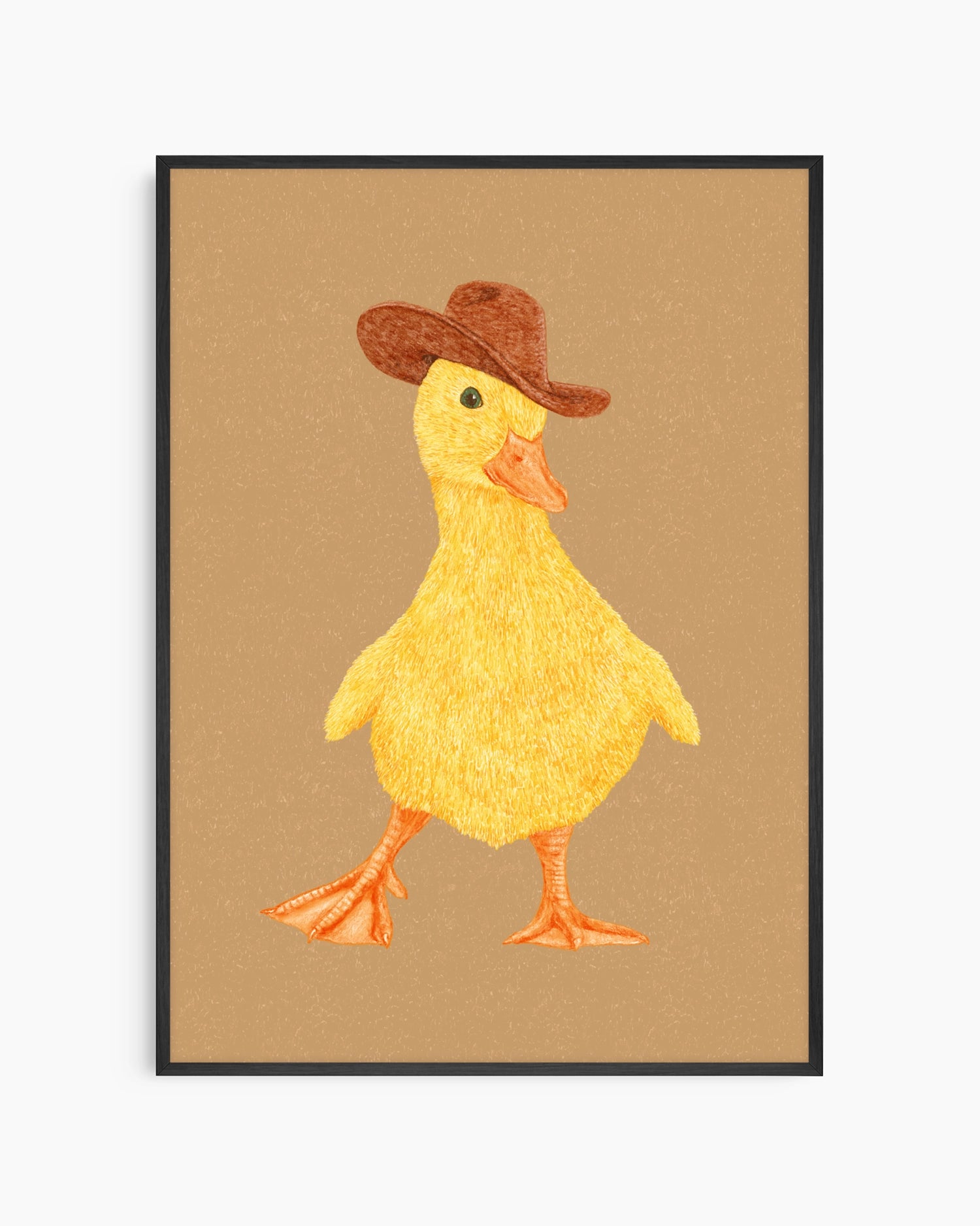 Framed artwork of a yellow duck wearing a brown hat on a beige background