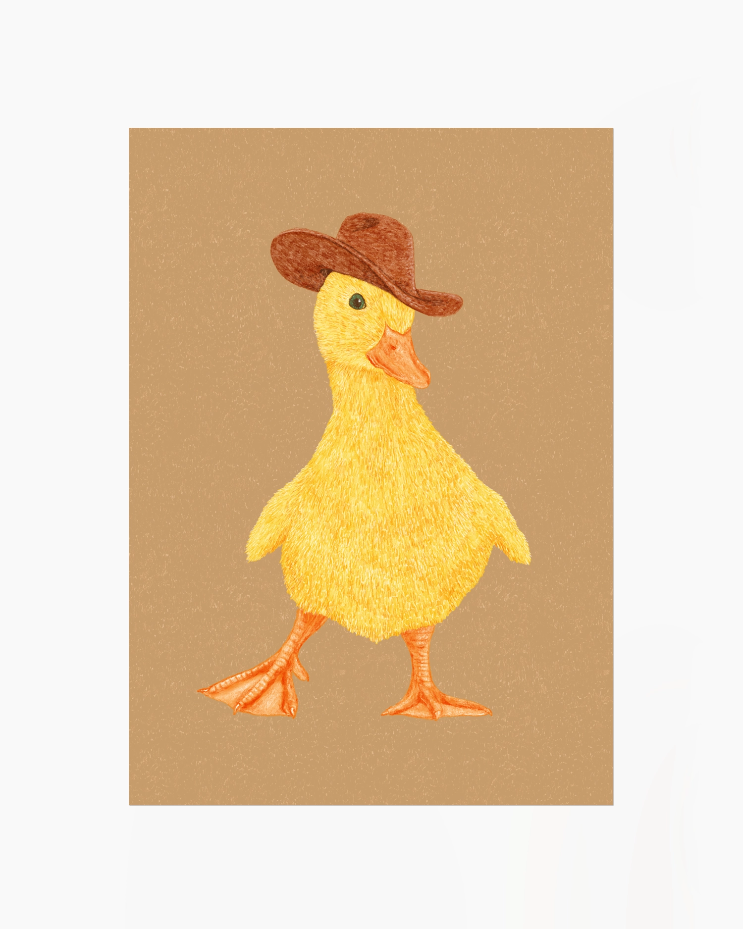 Yellow duck wearing a brown hat on a beige background