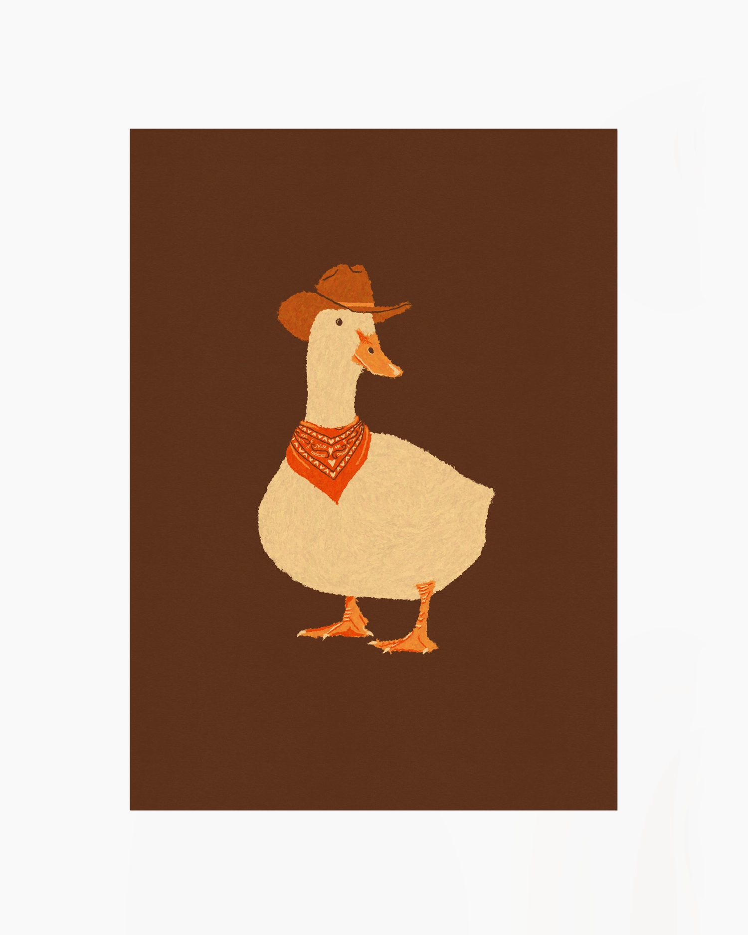 Illustration of a duck wearing a cowboy hat and bandana on a brown background