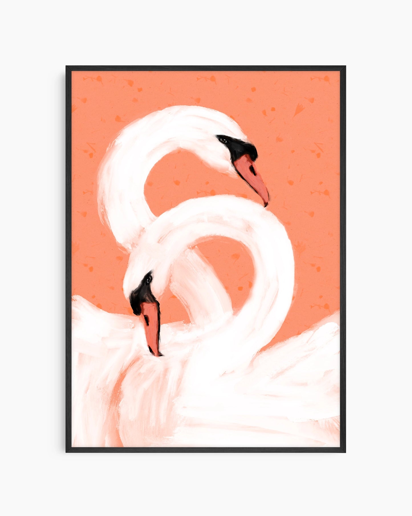 Framed artwork of two swans on a coral background