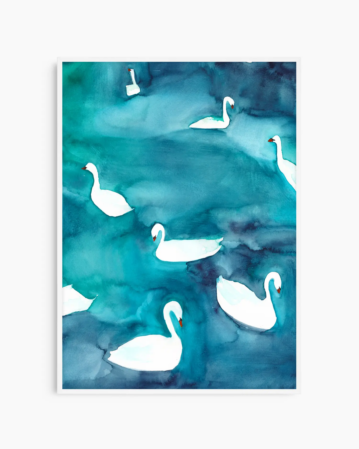 Art print of white swans on a blue watercolor background