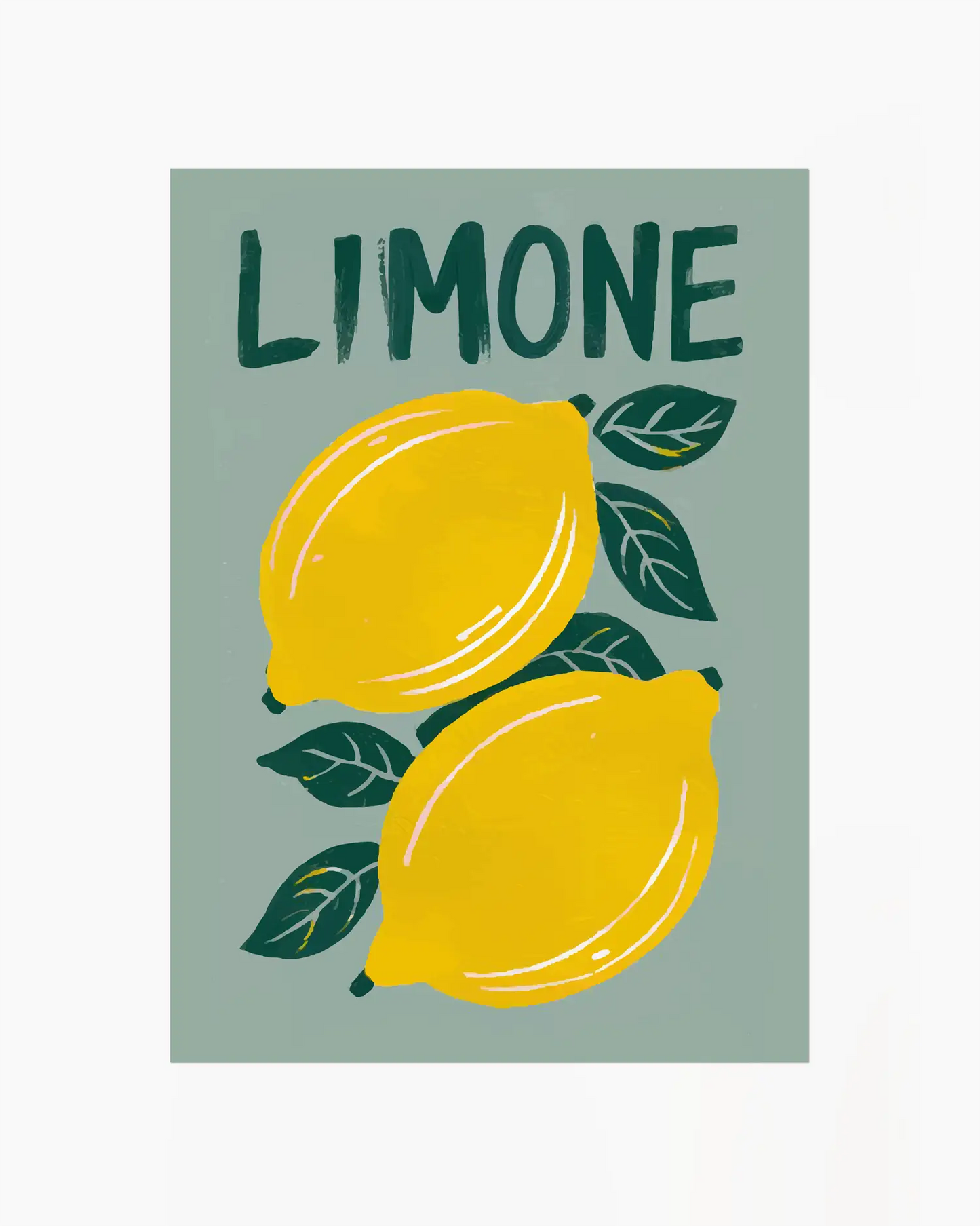 Nursery artwork with two lemons and the word 'LIMONE' on a light green background.