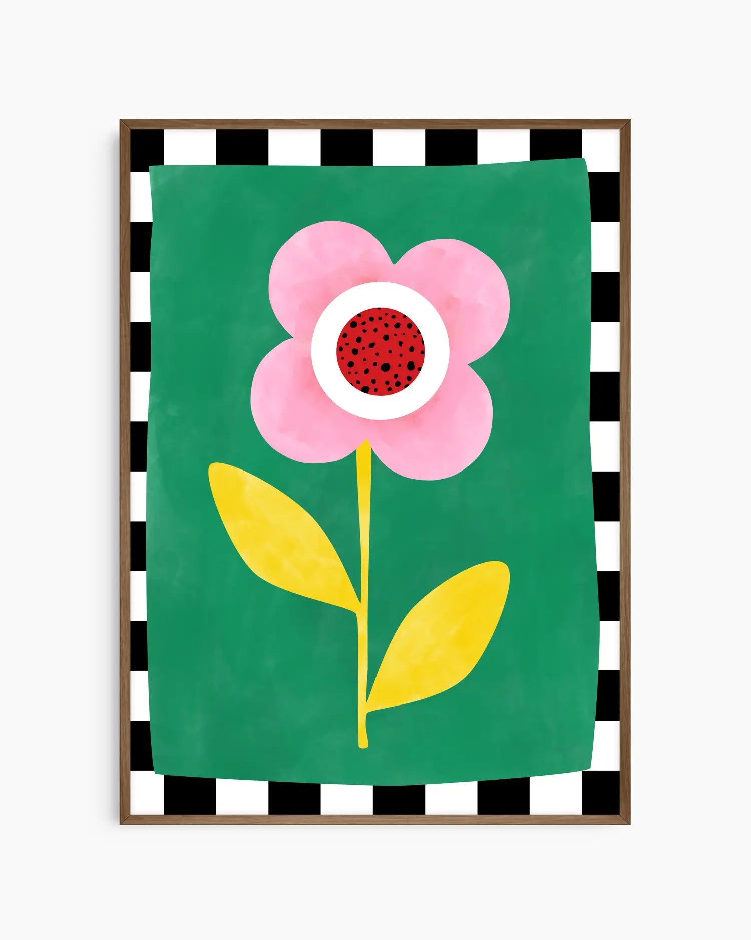 Framed artwork with a pink flower on a green background