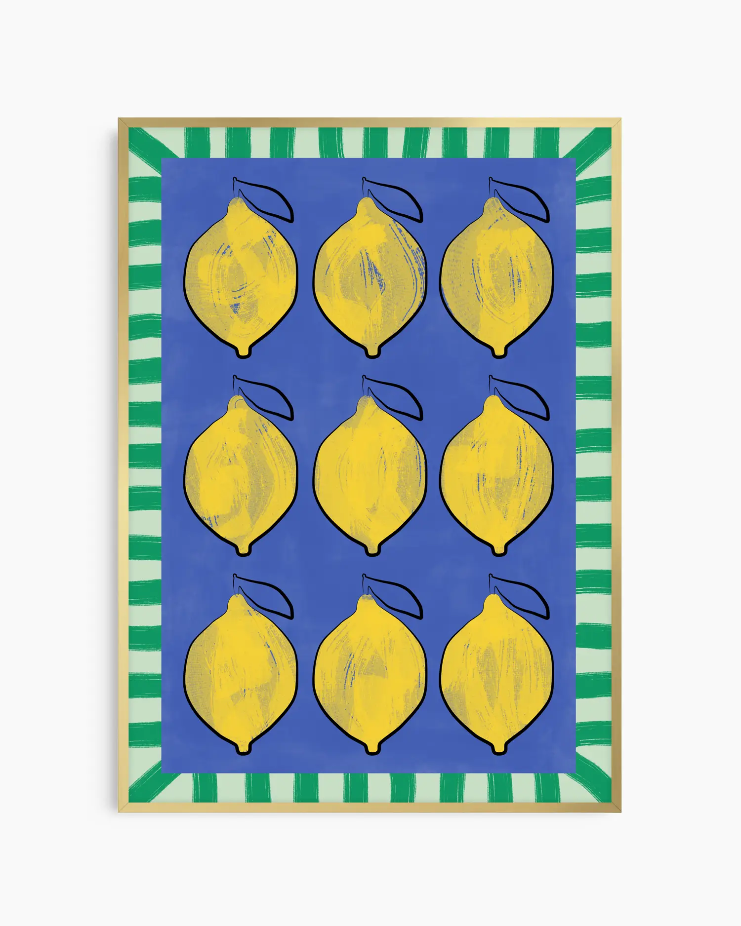 Poster with yellow lemons on a blue background with a green and white striped border