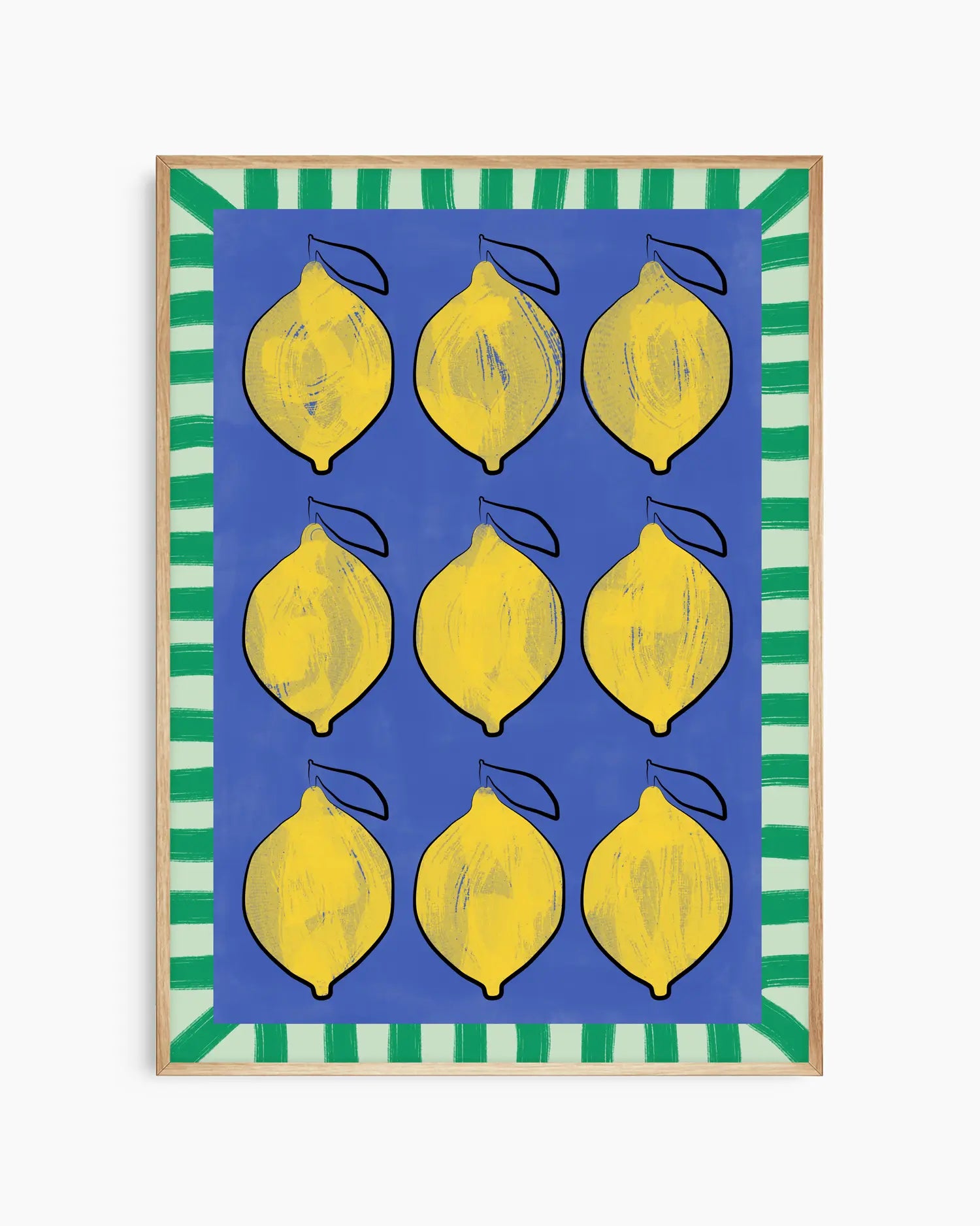 Framed artwork with yellow lemons on a blue background