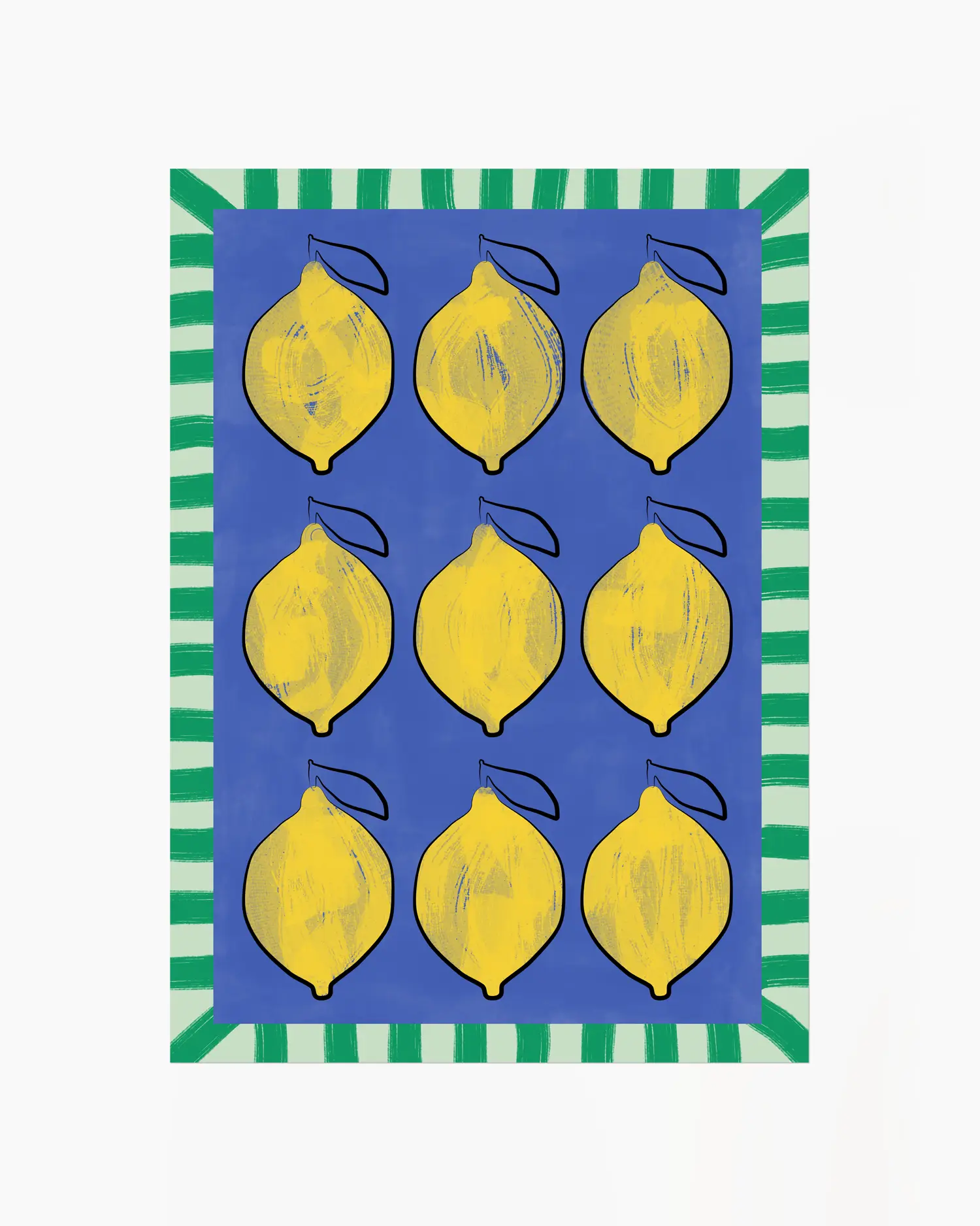Poster with yellow lemon illustrations on a blue background with green and white striped border