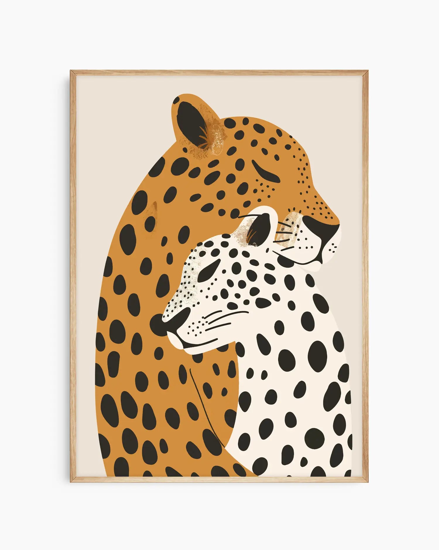 Nursery artwork of two leopards with different patterns on a beige background framed in an oak wooden frame.
