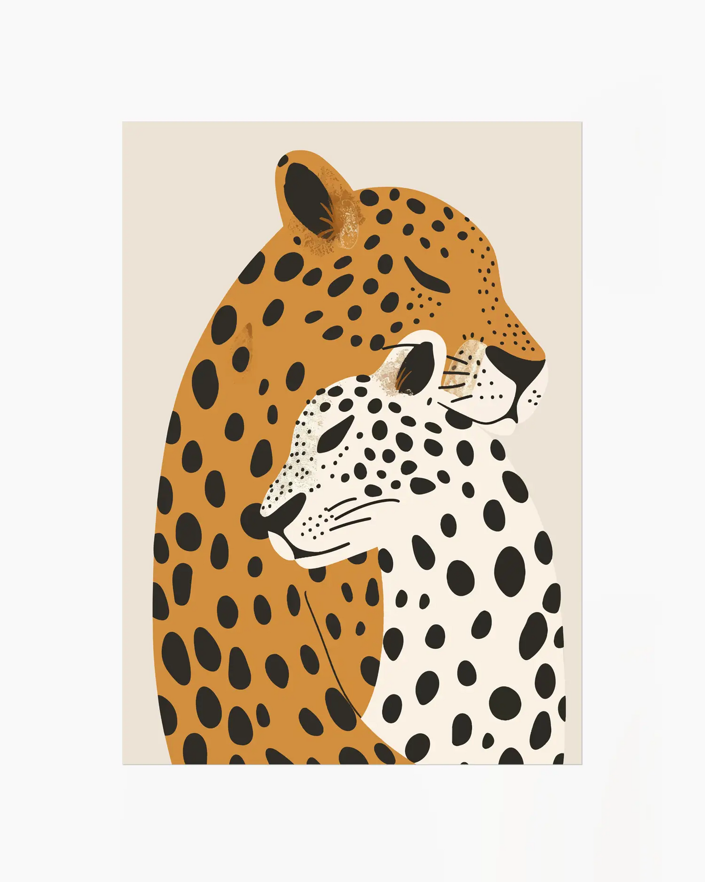 Nursery artwork of two leopards with different patterns on a beige background