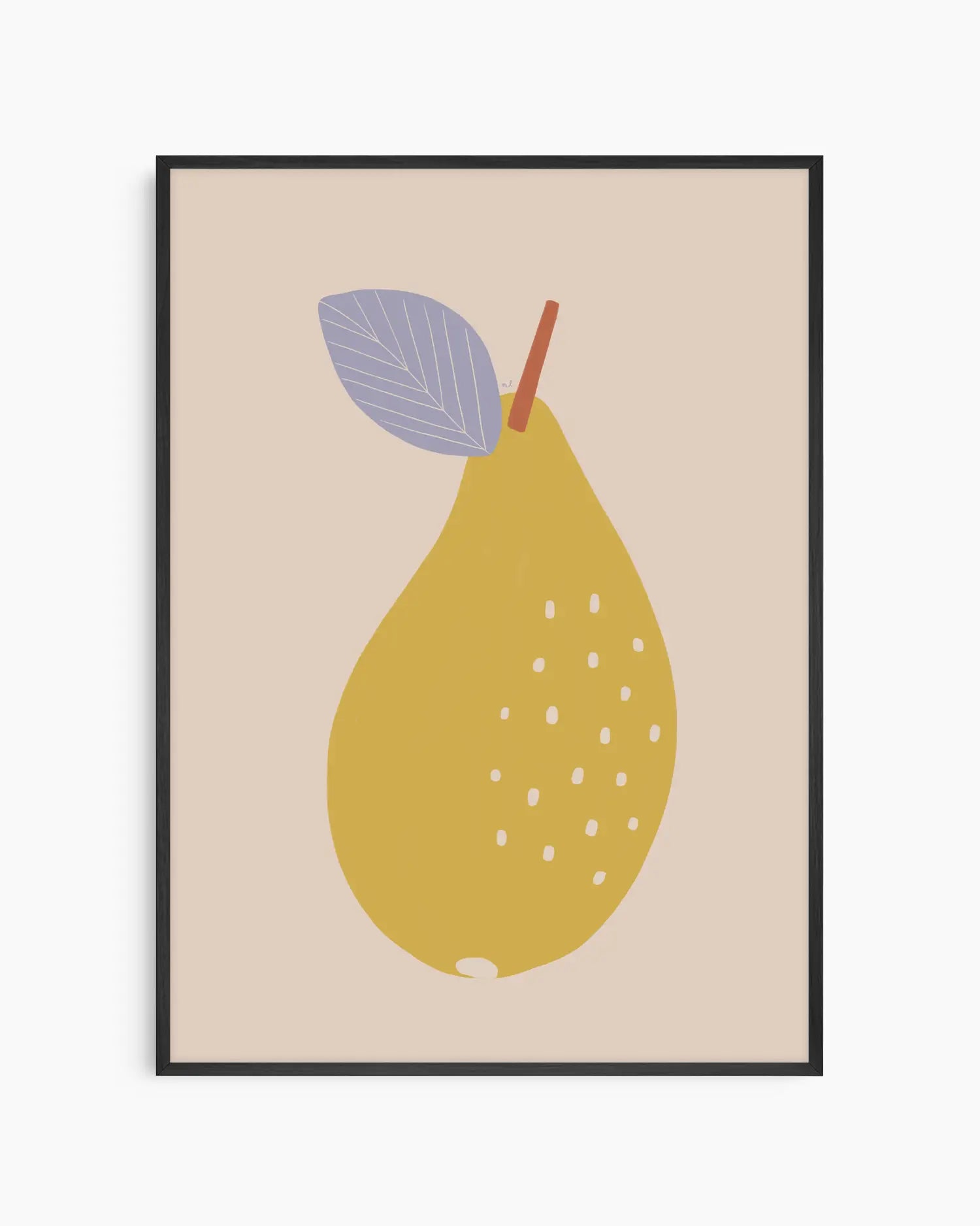 Framed artwork of a yellow pear with a purple leaf on a beige background