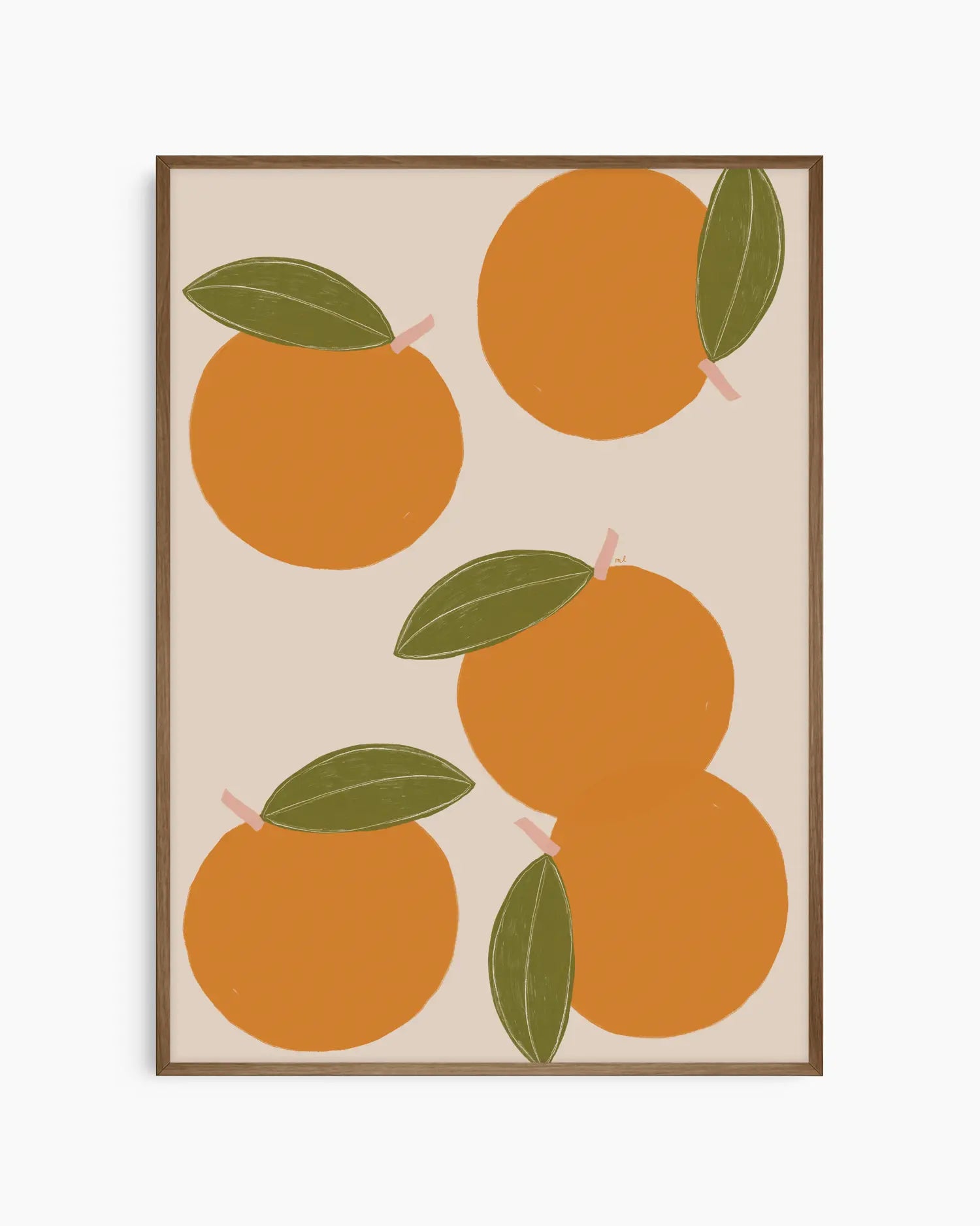 Framed artwork with orange fruit and green leaves on a beige background