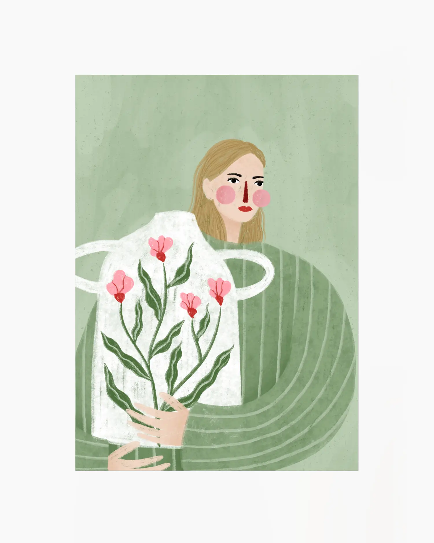 Illustration of a person holding flowers with a green background