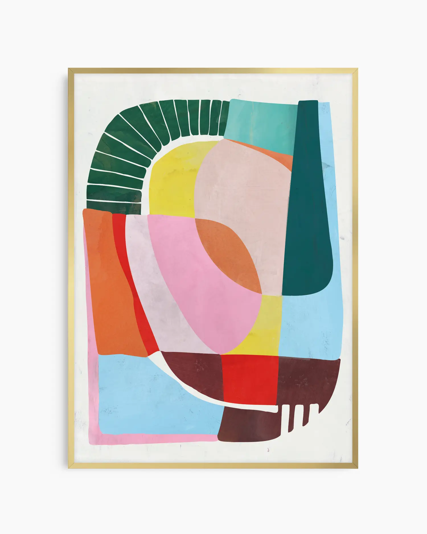 Abstract art print with colorful geometric shapes in a gold frame on a white background