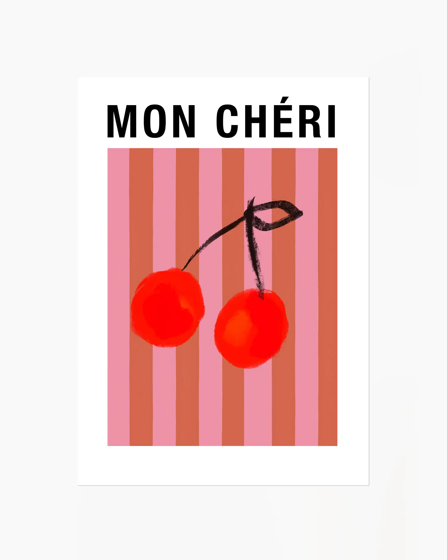 Two red cherries on a pink and orange striped background with 'MON CHÞri' text.