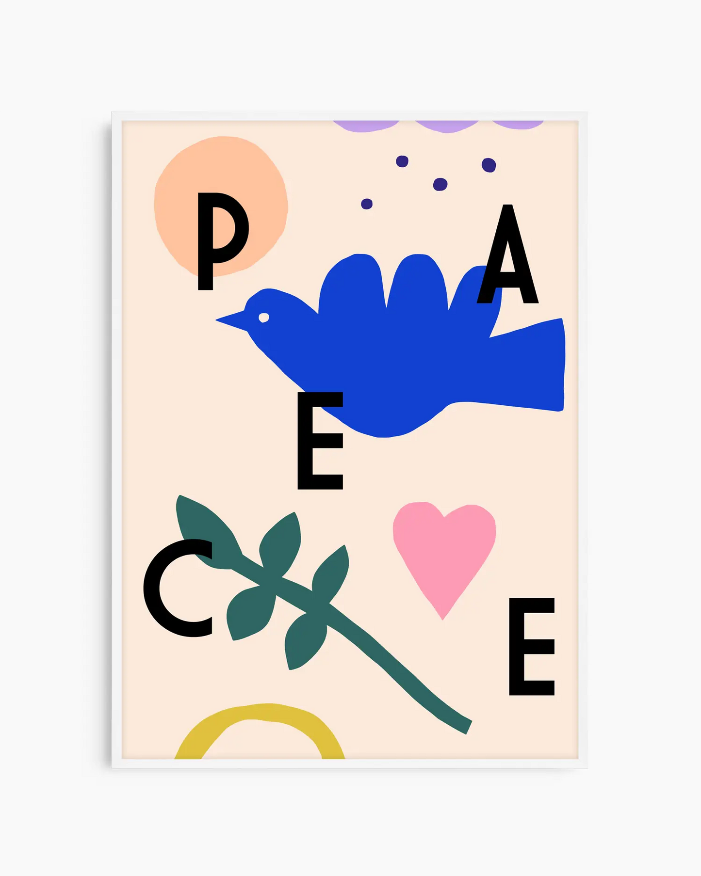 Poster with abstract design featuring a blue bird, green leaf, pink heart, and black letters on a beige background.