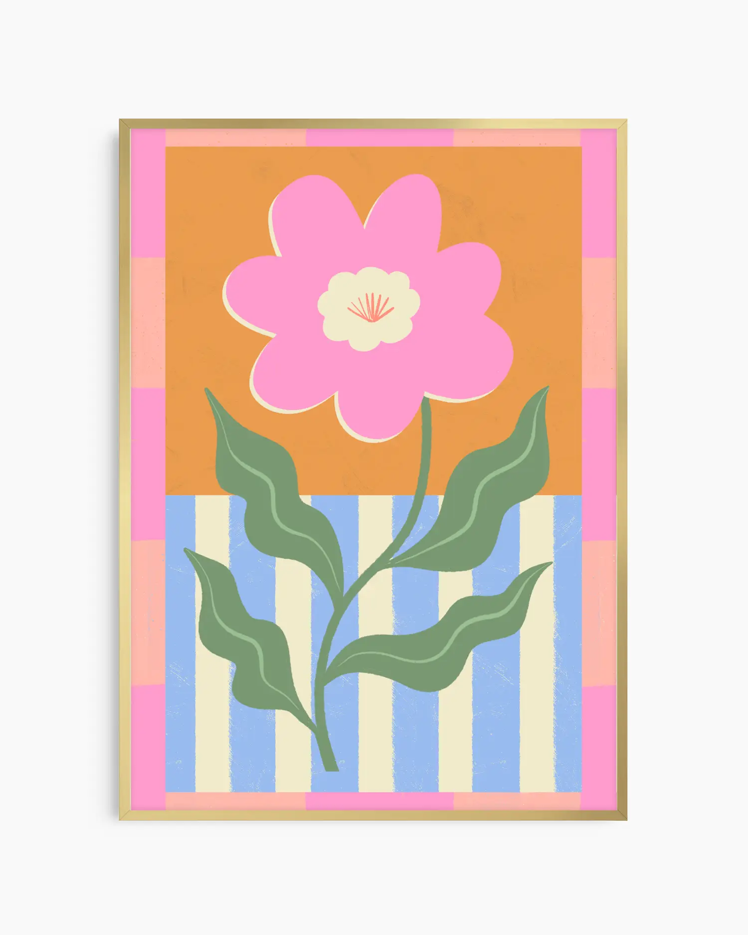 Framed artwork with a pink flower and green leaves on a multicolored striped background.