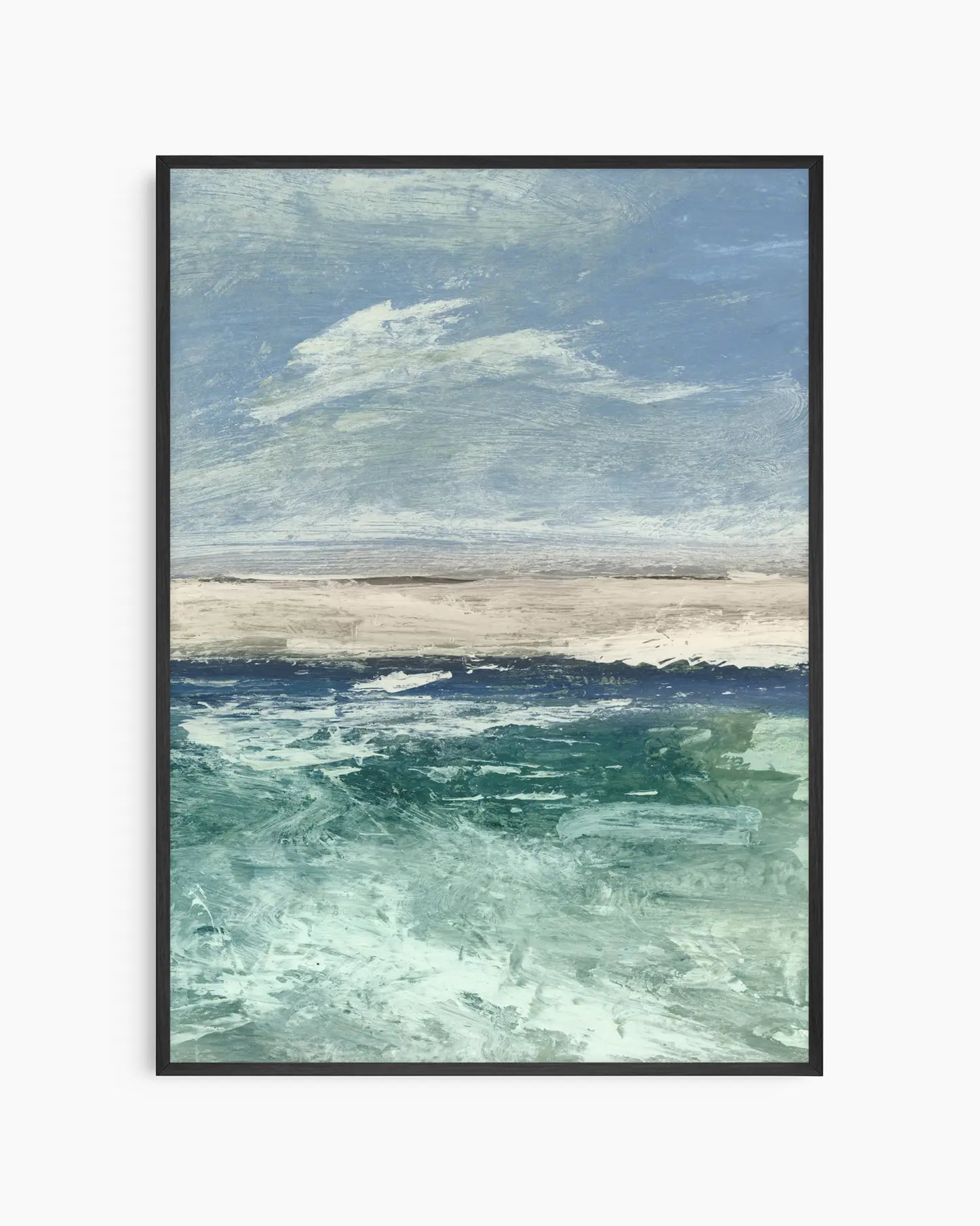 Framed artwork of a coastal scene with blue sky, clouds, and ocean.