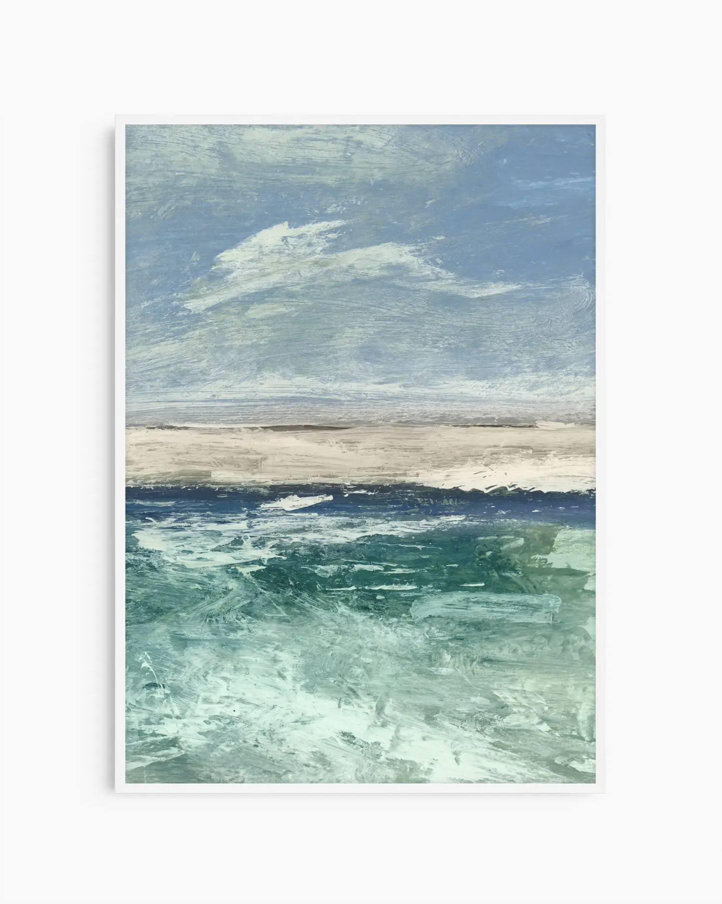 Art print of a coastal scene with blue sky, white clouds, and greenish-blue water.