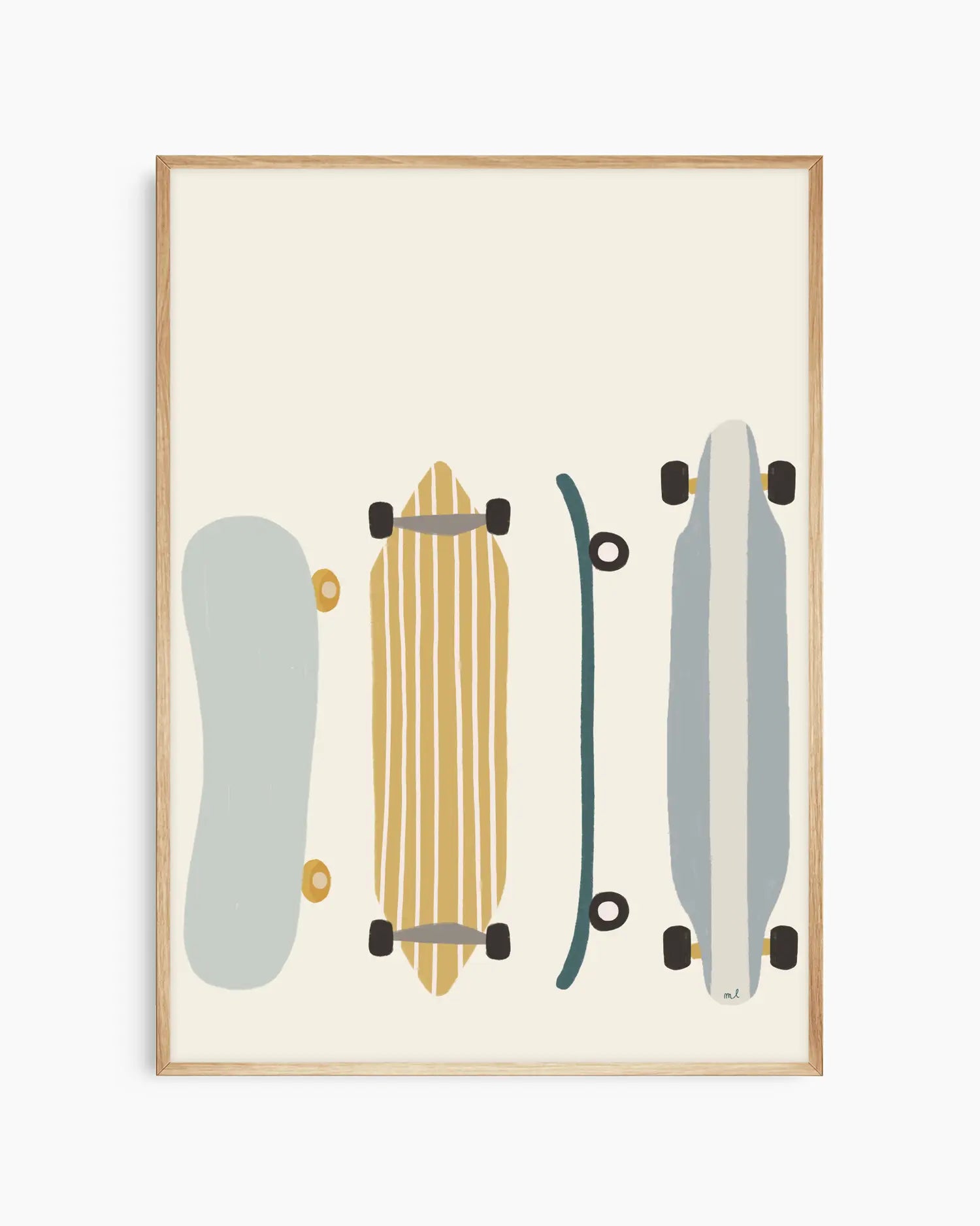 Framed artwork of four skateboards in different colors on a beige background