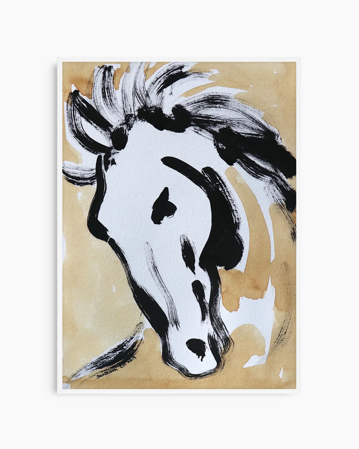 Abstract painting of a horse's head on a beige background
