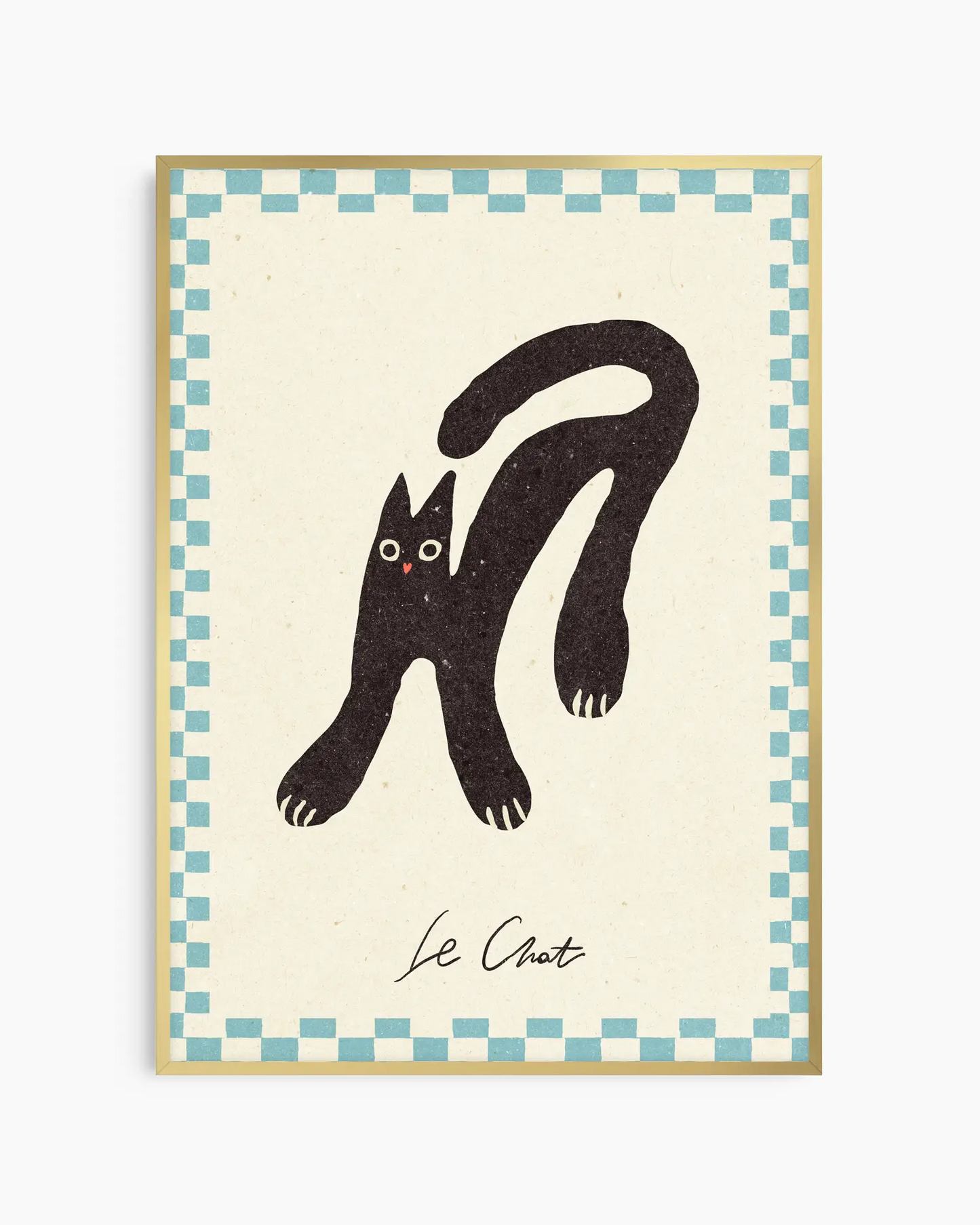 Poster with a black cat illustration and 'Le Chat' text on a checkered border.