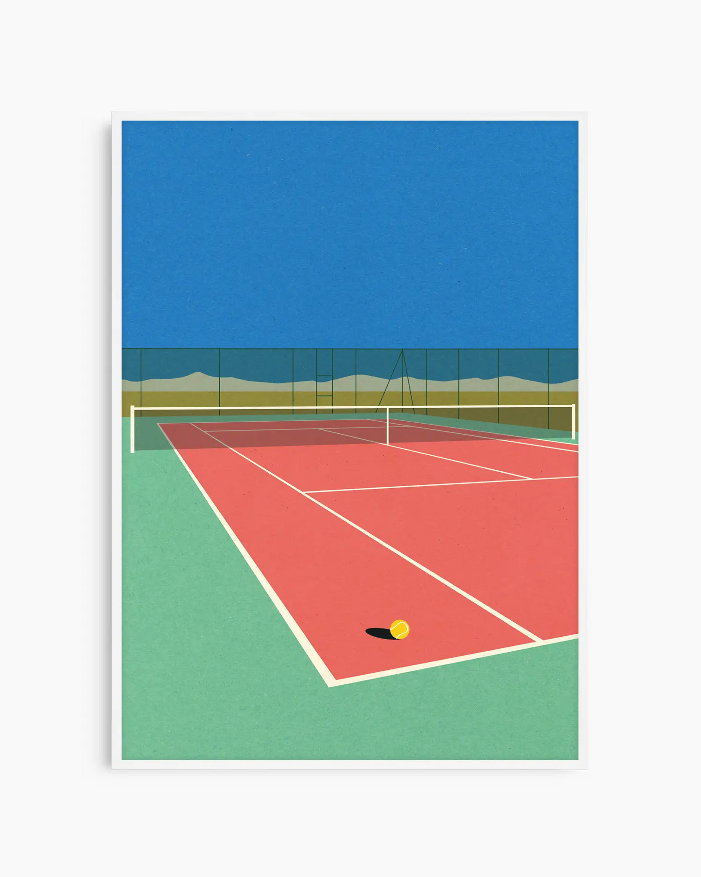 Illustration of a tennis court with a blue sky and green and red surface.