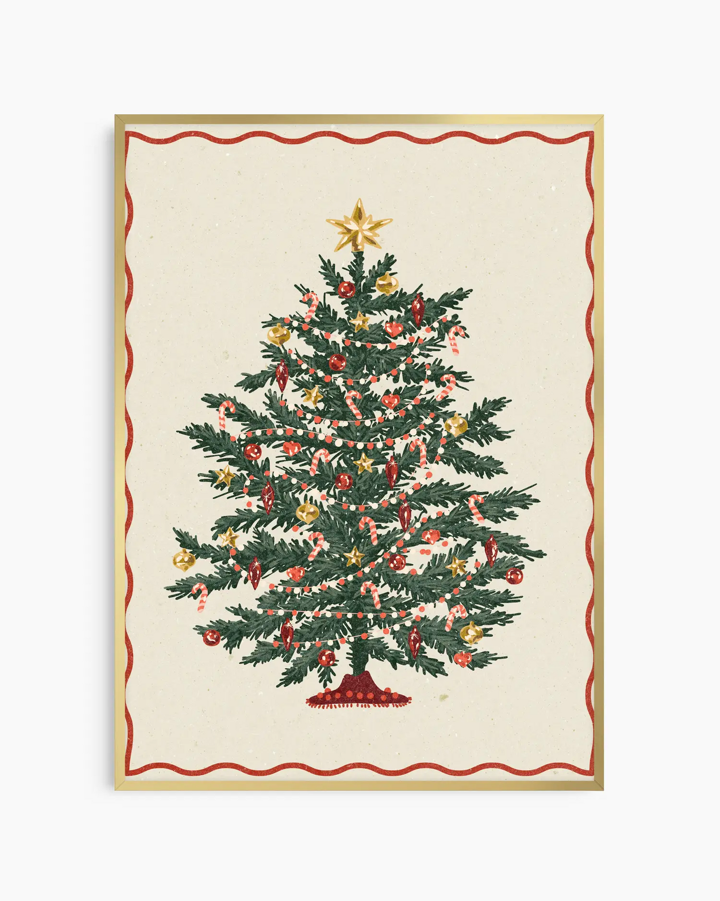 Decorative Christmas tree print on a white background with a red border