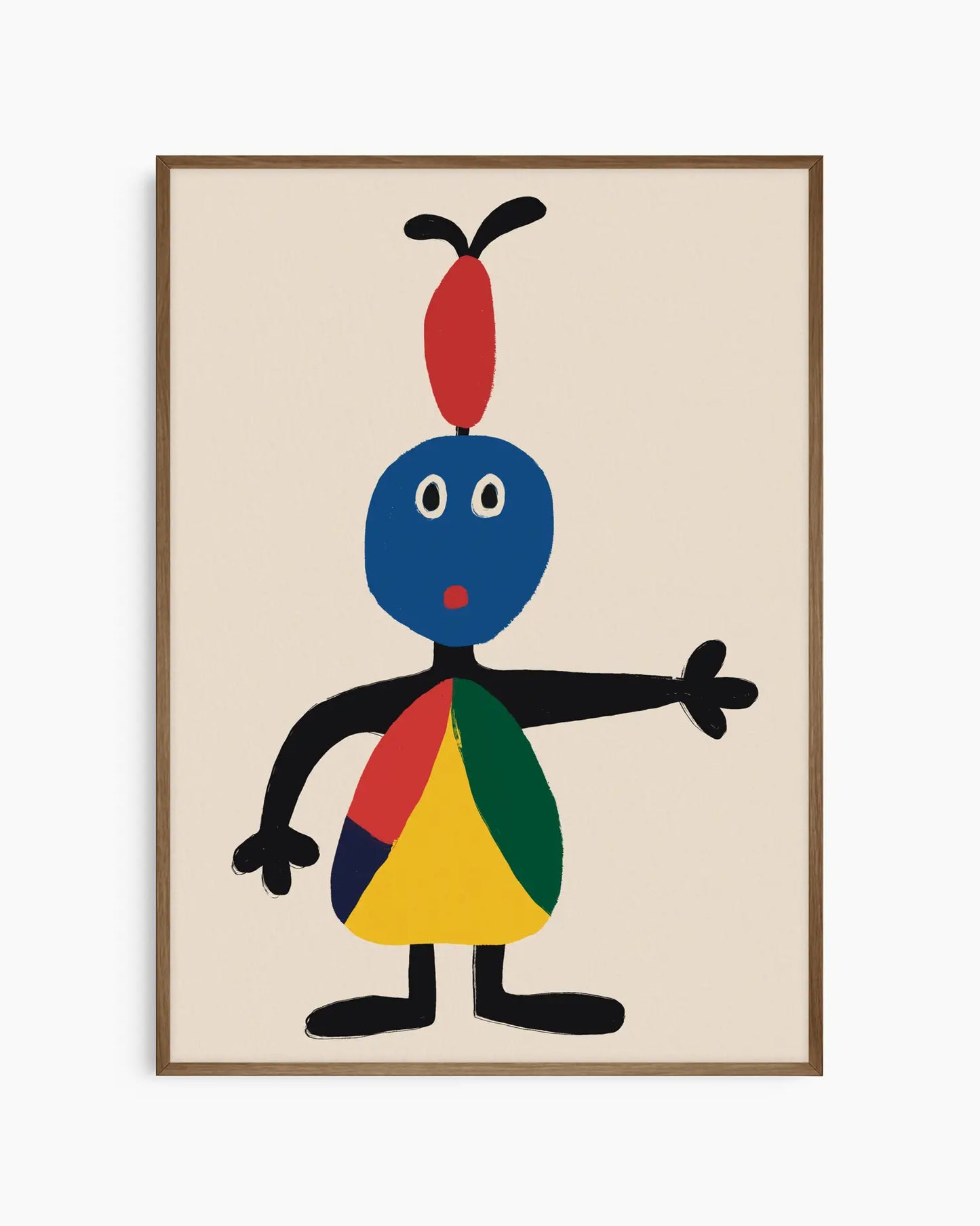 Framed artwork of a colorful abstract character on a beige background