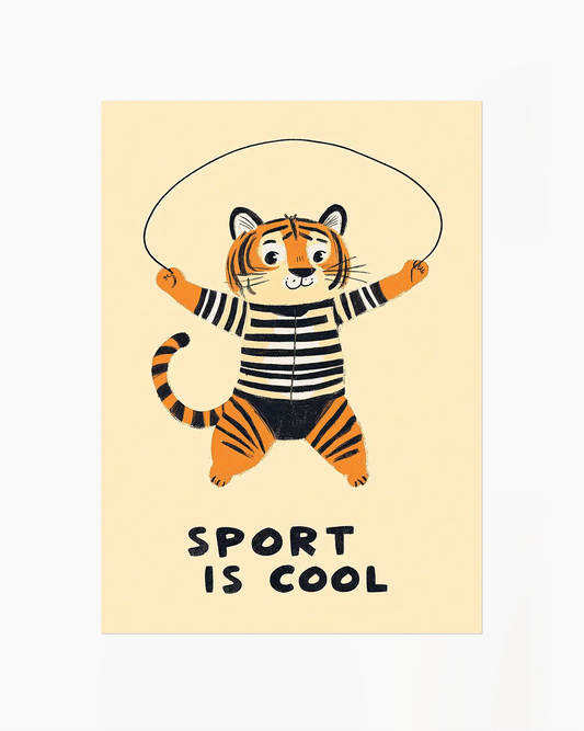 Illustration of a tiger in a striped outfit with a skipping rope on a beige background with 'Sport is Cool' text.