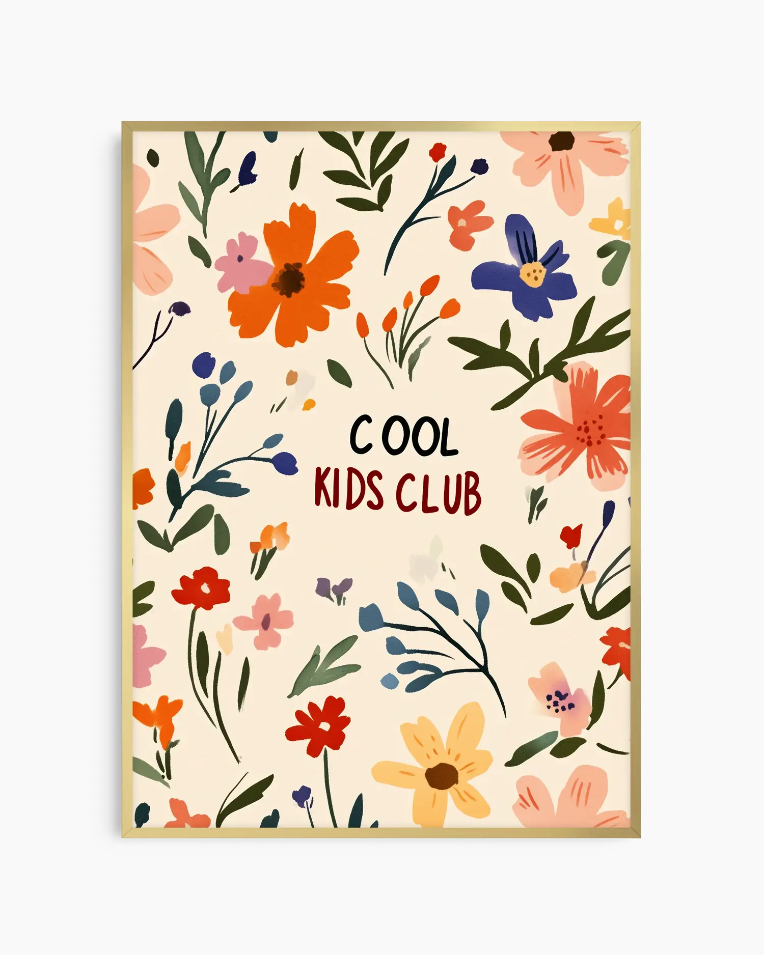 Poster with colorful floral design and 'Cool Kids Club' text on a beige background