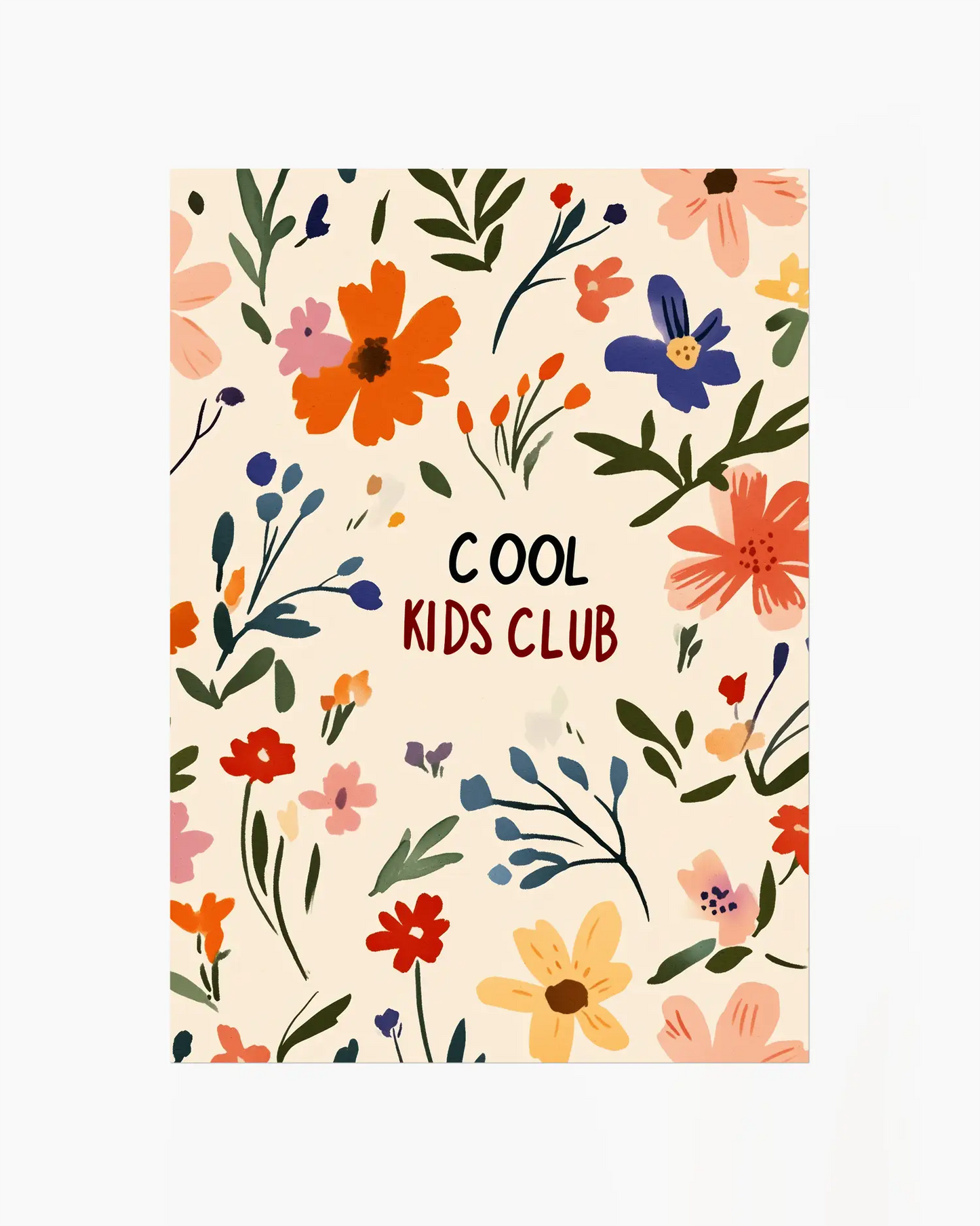 Floral notebook cover with 'Cool Kids Club' text on a beige background