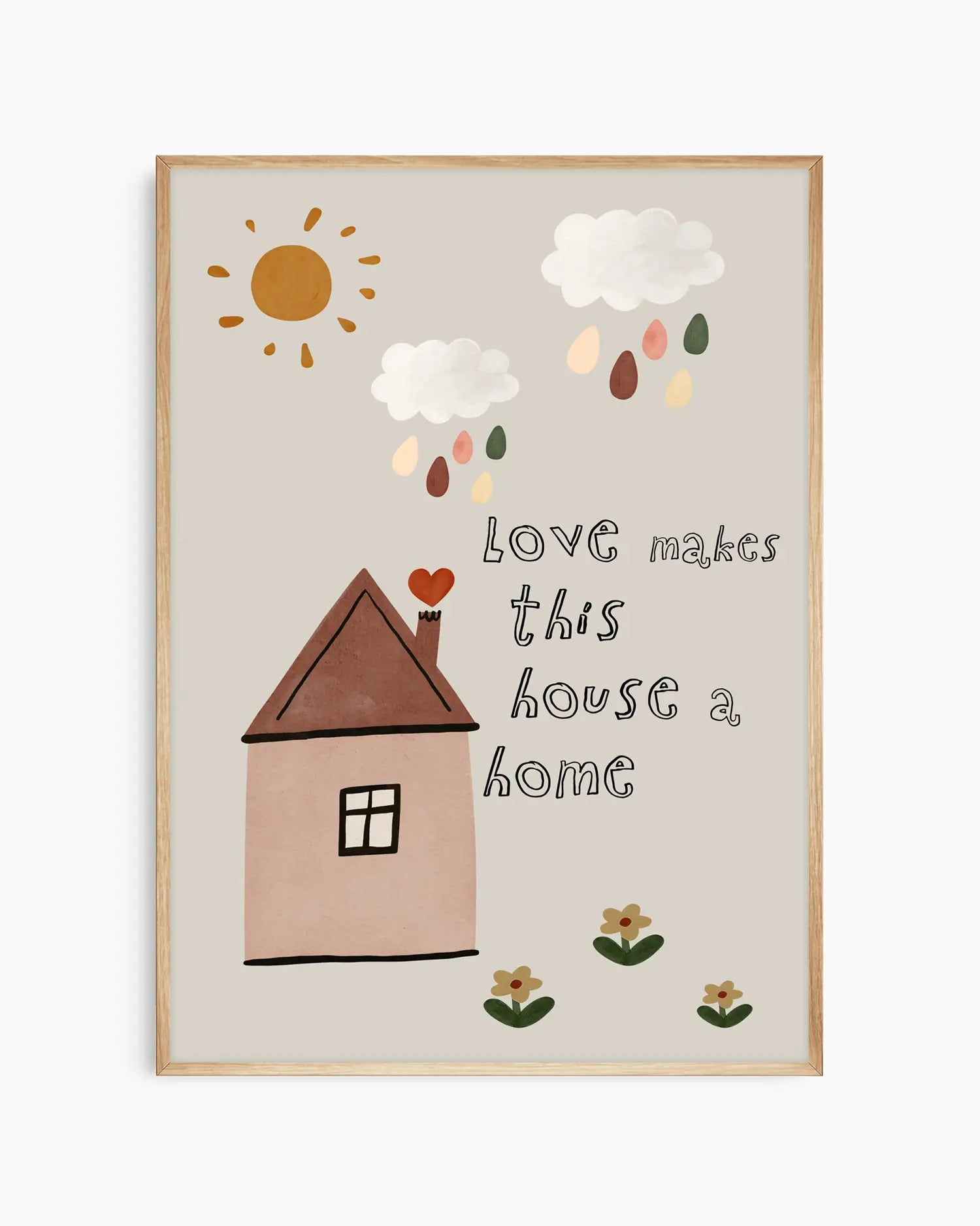 Framed artwork with a house, sun, clouds, and text on a white background
