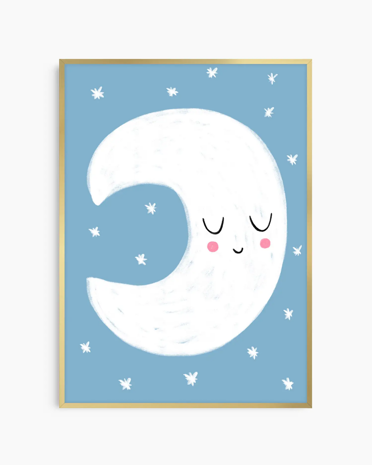 Framed artwork of a smiling half-moon on a blue background with white stars.