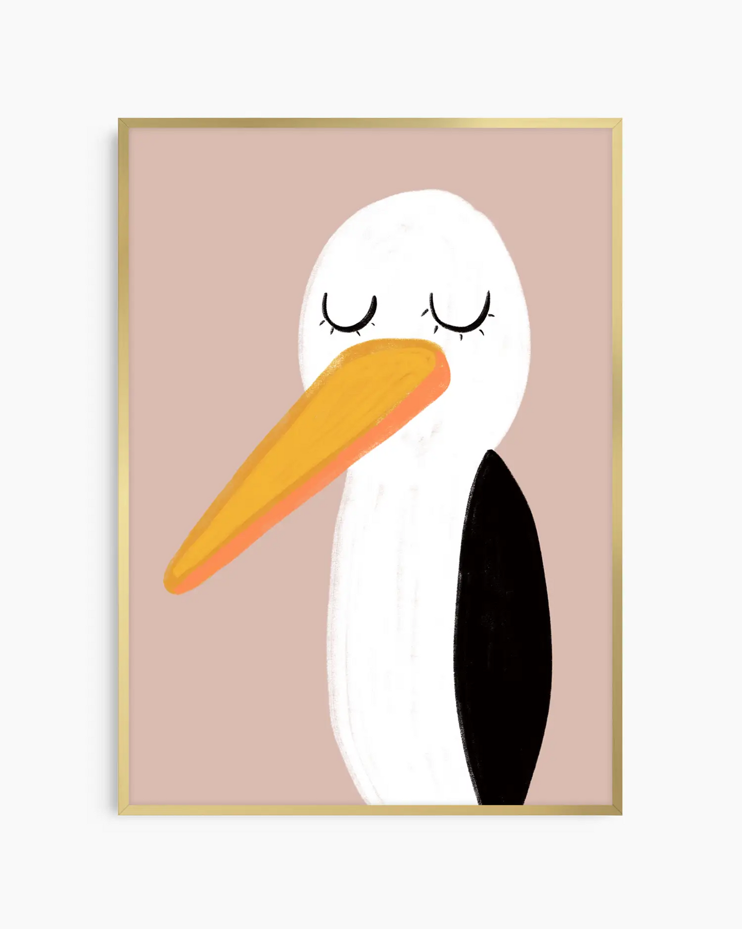 Framed artwork of a stylized pelican with a white face, orange beak, and black body on a beige background.