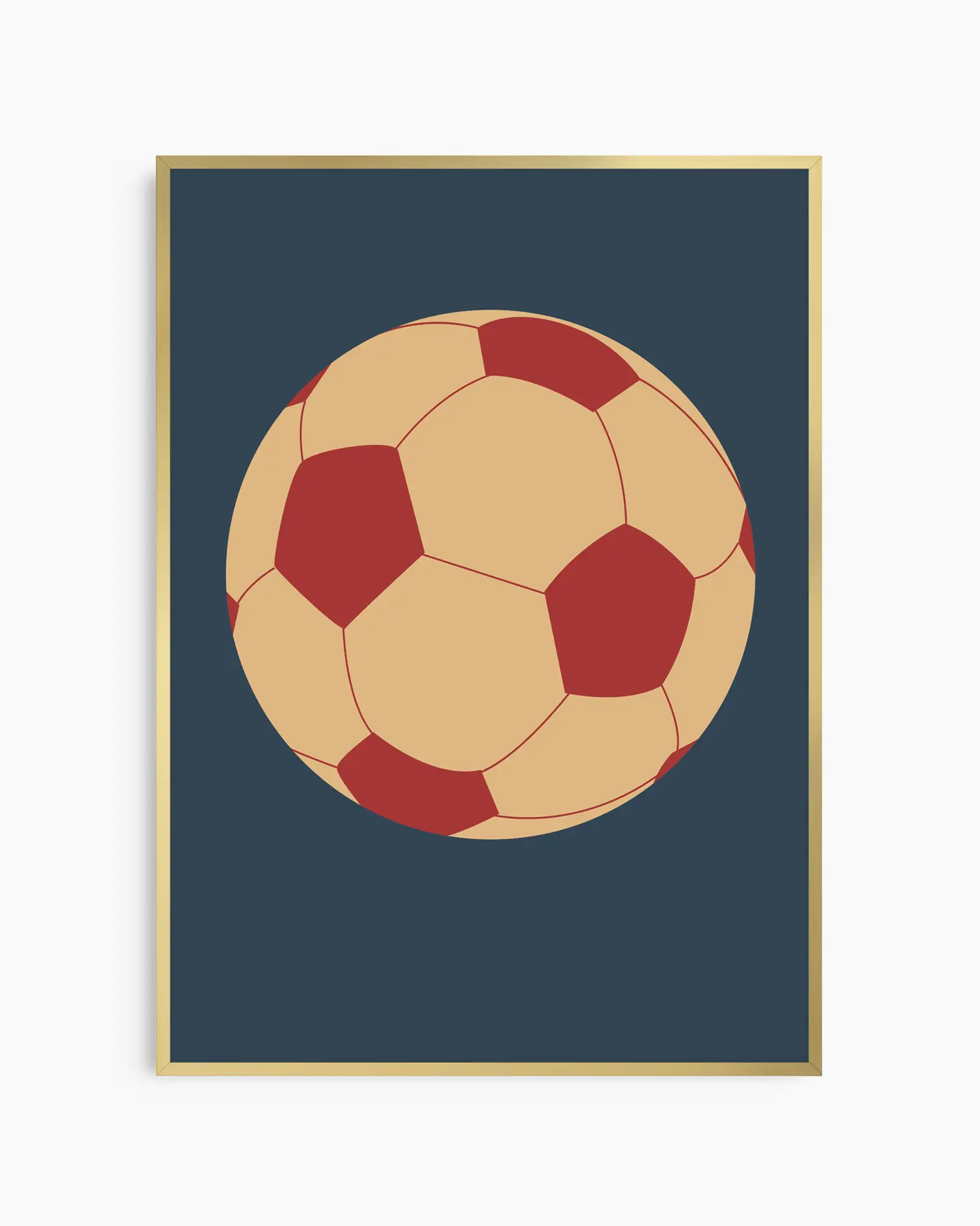Framed artwork of a soccer ball with red and beige design on a dark blue background