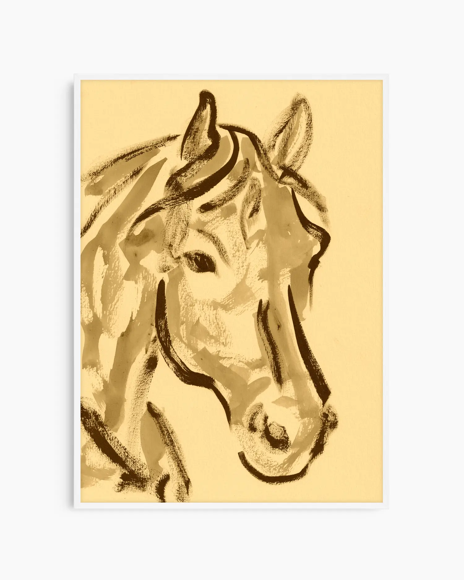 Artistic depiction of a horse's head on a beige background