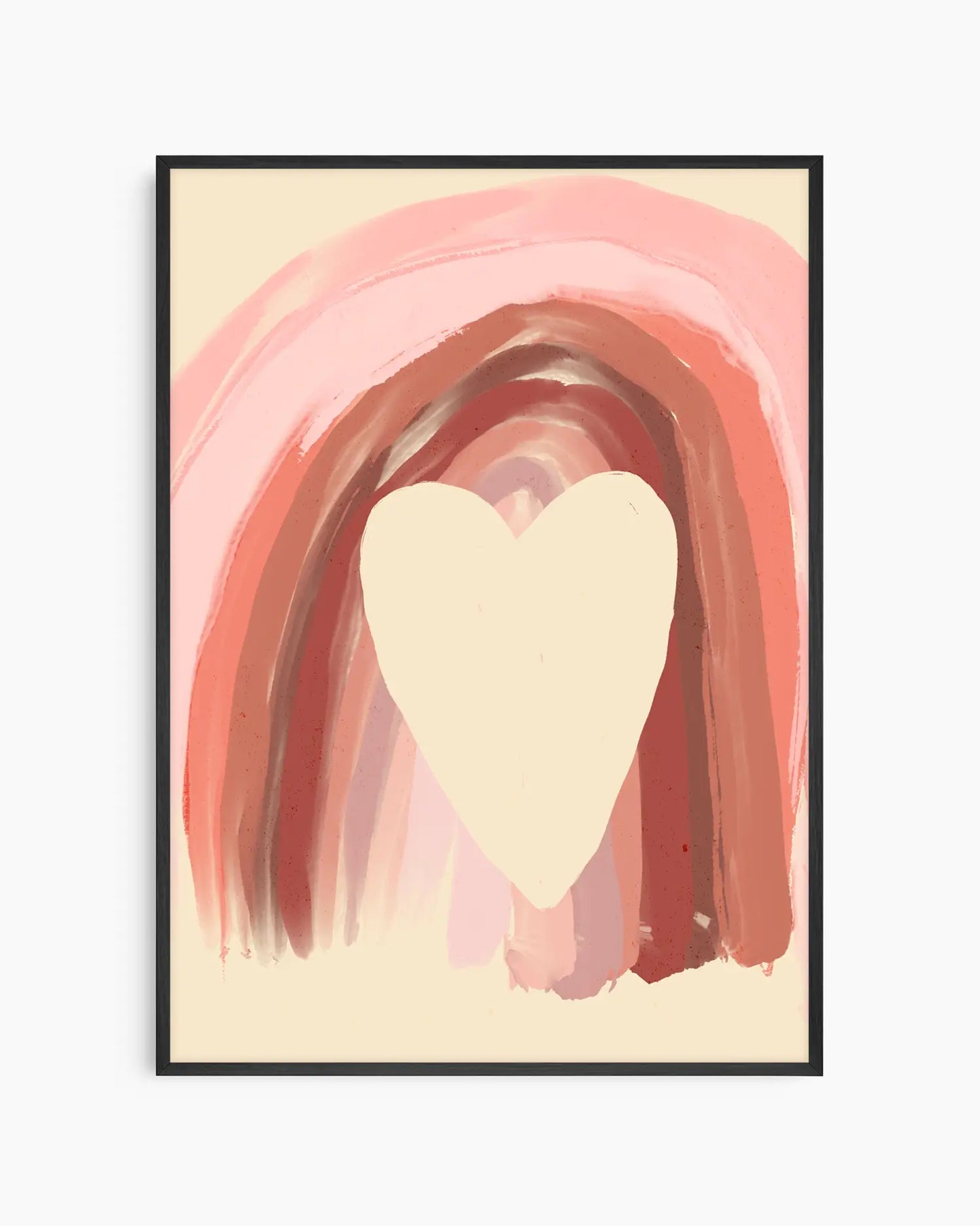 Framed abstract art print with a heart shape and arching brushstrokes in pink and red on a beige background.