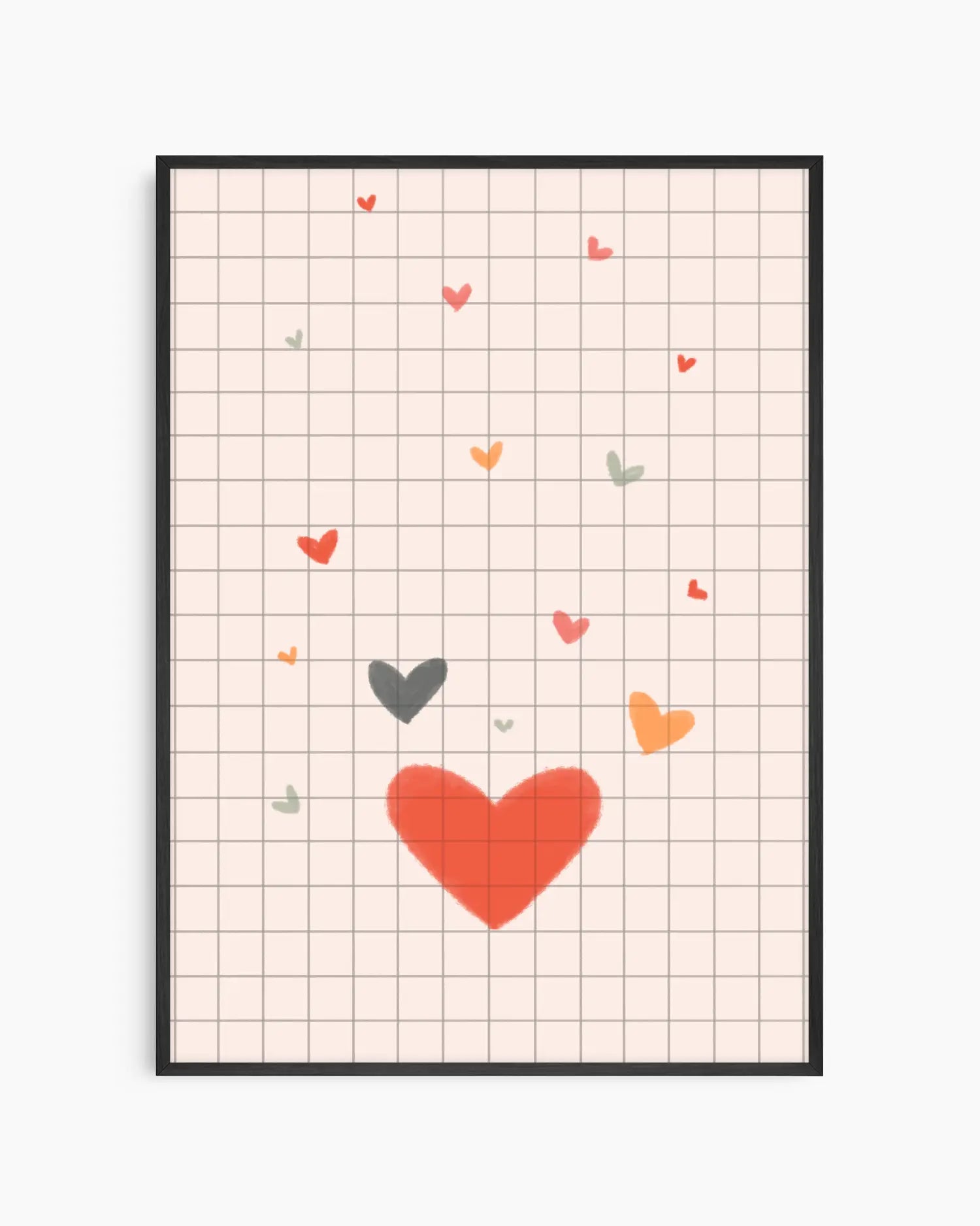 Framed artwork with colorful hearts on a grid background