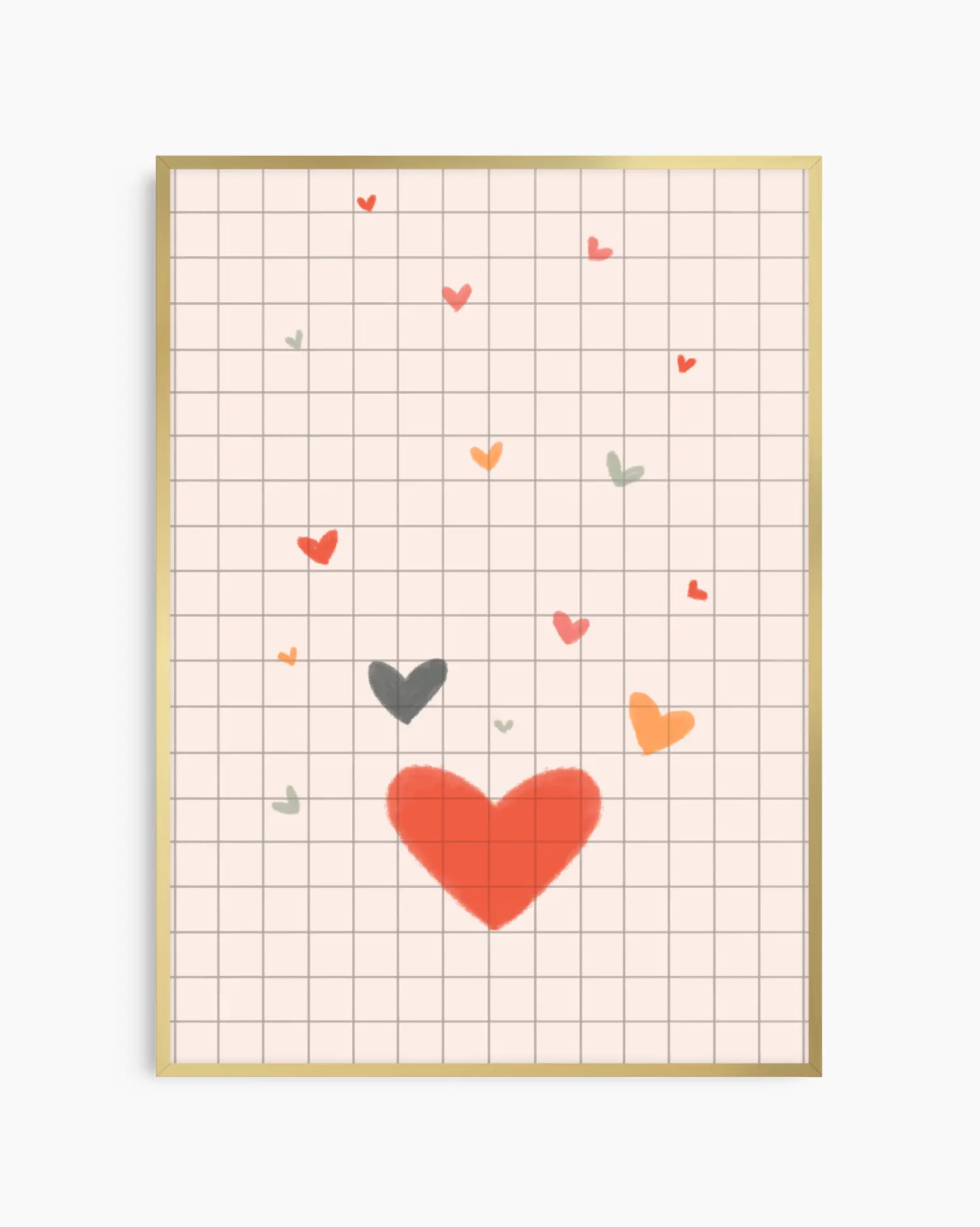 Framed artwork with a grid background and colorful hearts