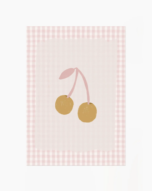 Decorative kitchen towel with cherry design on a pink gingham background